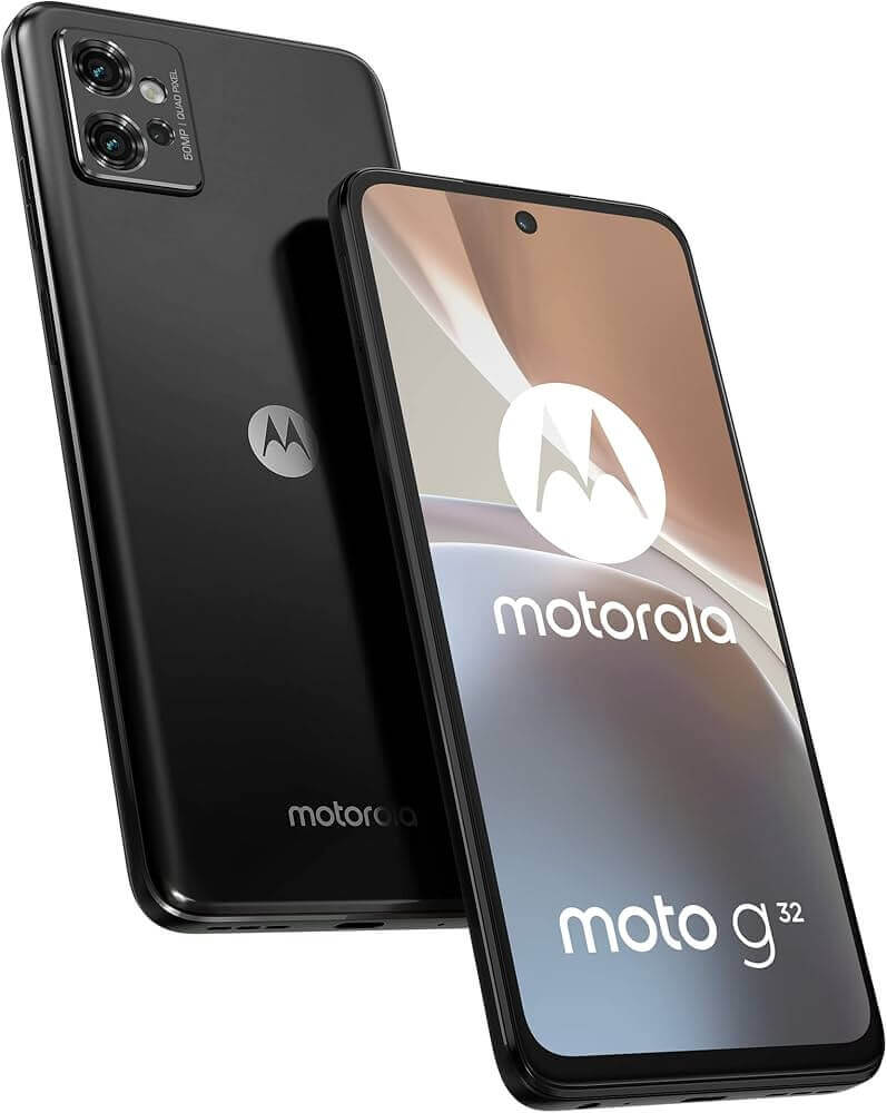 Motorola G32 - Mineral Grey - 64GB - Like New 4 Black Motorola Moto G32 smartphone displayed.