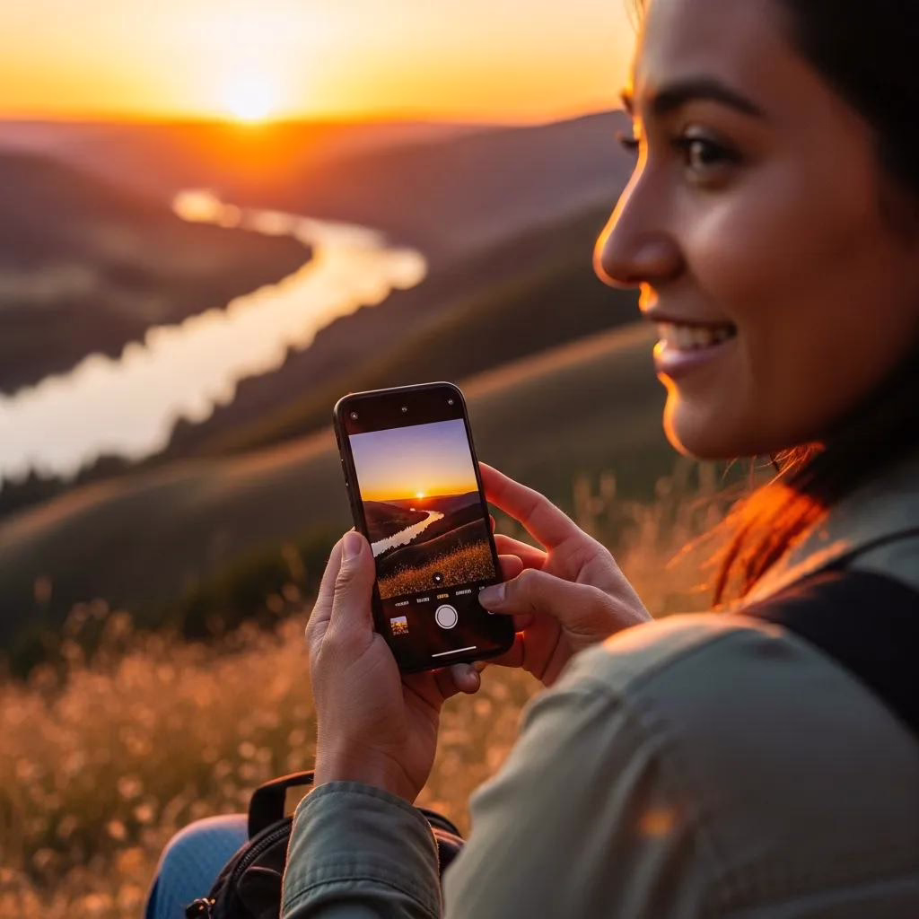 Person using refurbished iPhone 16 to take a photo outdoors