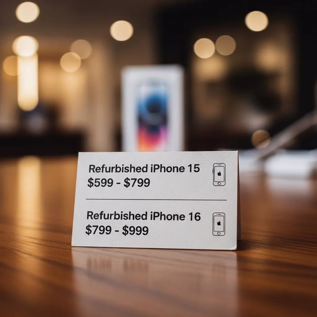 Price tag showing refurbished iPhone 15 and iPhone 16 price ranges