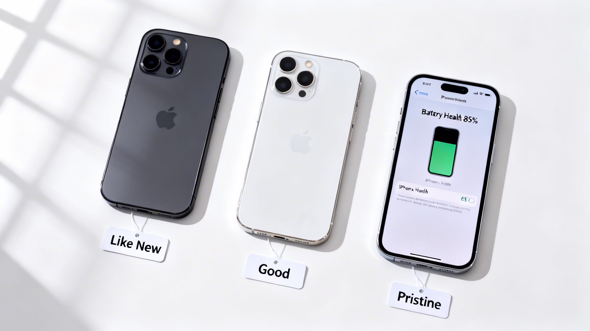 Refurbished Phone Vodafone: Will It Work in the UK? 3 Three iPhones representing different quality grades: Like New, Good, and Pristine, on a white background.