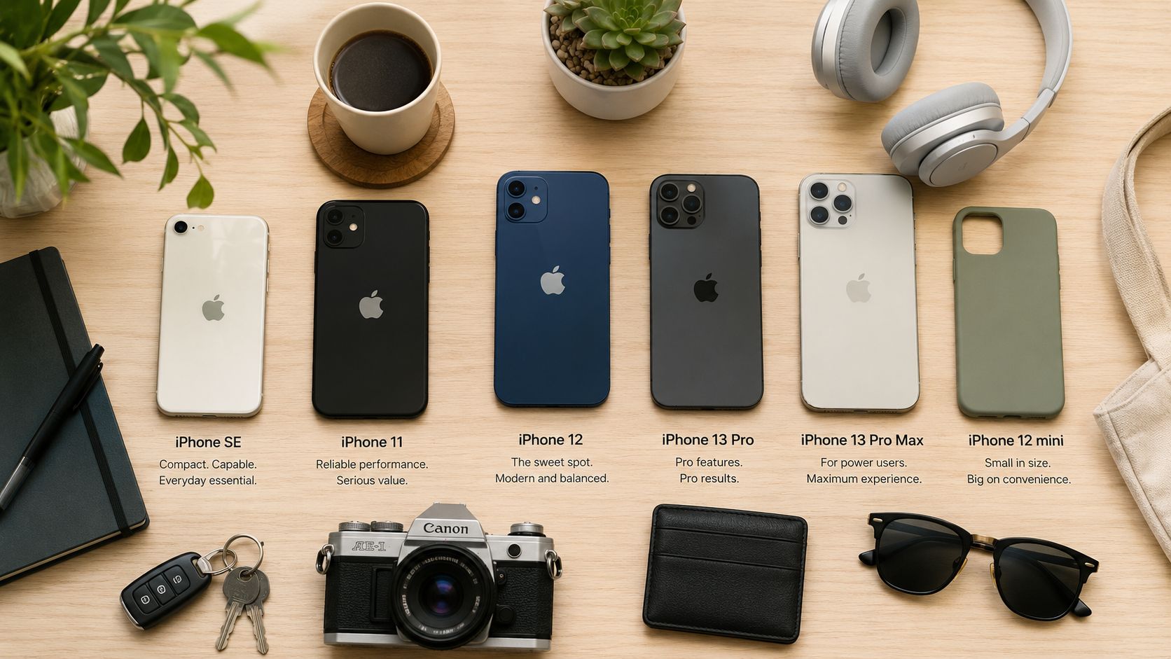 Flat lay of six Apple iPhone models arranged with accessories on a wooden office desk surface.