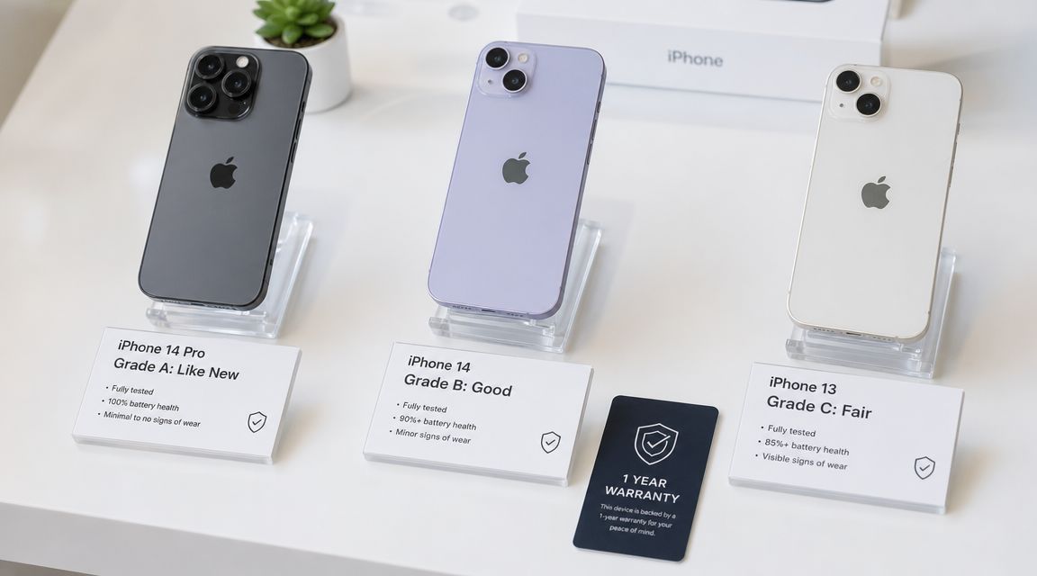 Three iPhones displayed on a white surface with individual grade labels and a one-year warranty card.
