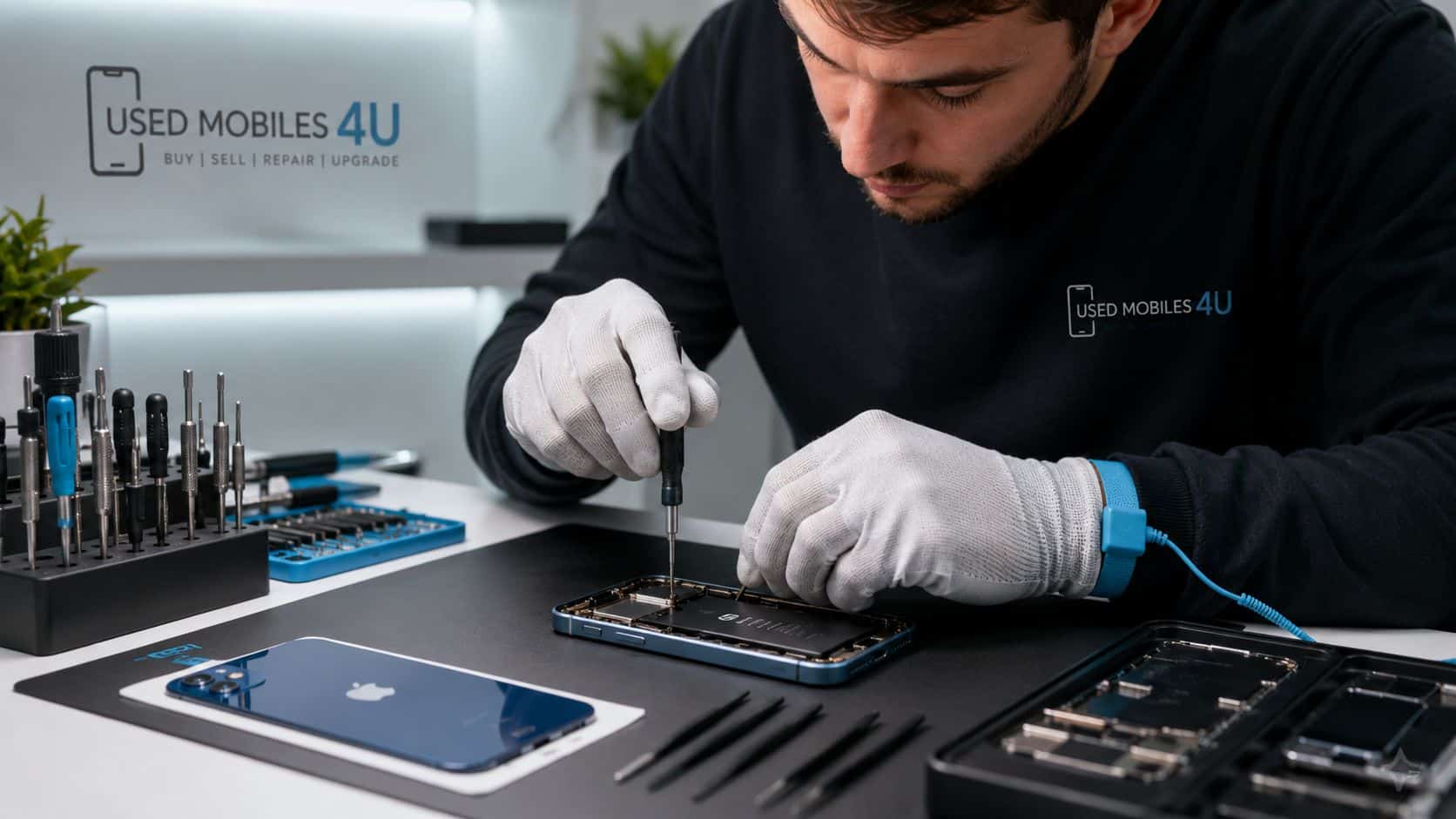 A technician wearing white gloves uses a precision screwdriver to repair a blue smartphone in a workshop.