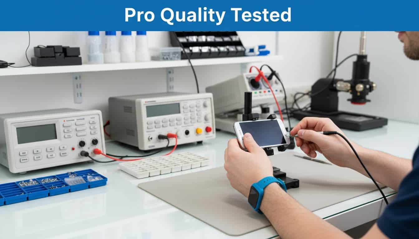 A technician wearing an anti-static strap inspects a smartphone on a clean testing workbench