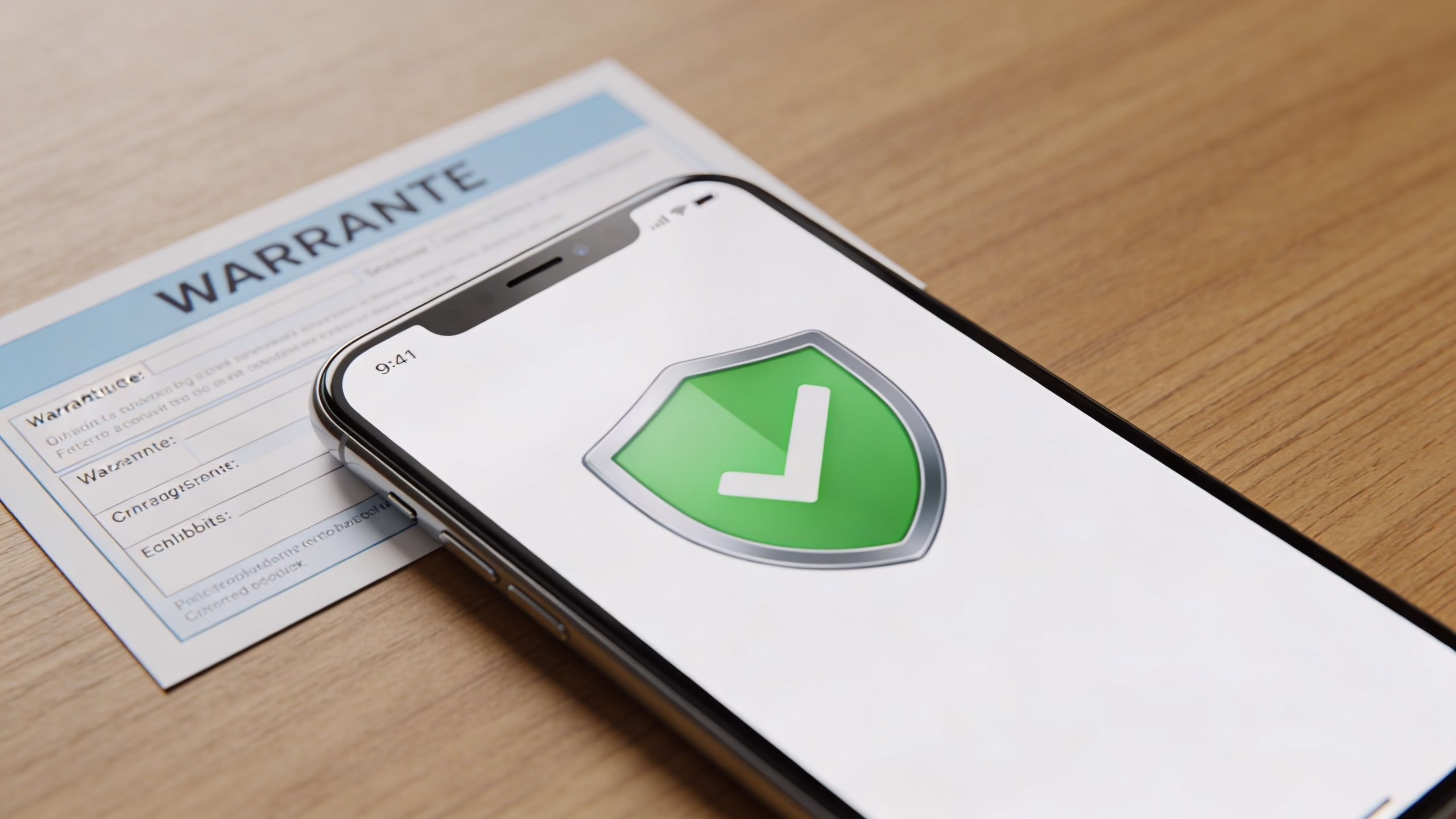 A modern smartphone displaying a green shield with a checkmark resting on a warranty document on wood.