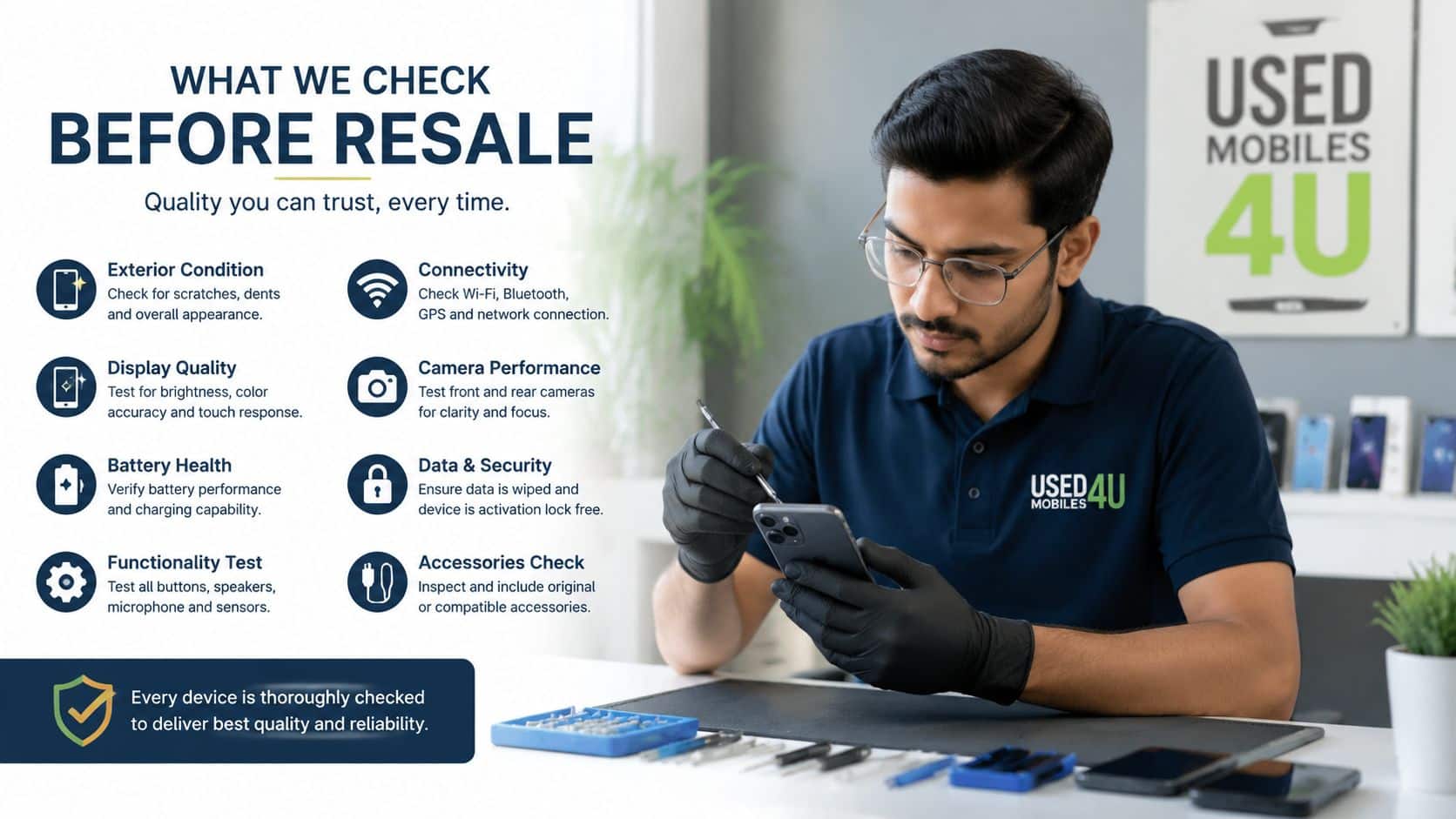 A technician wearing gloves checks the quality of a used mobile phone before resale in a workshop.