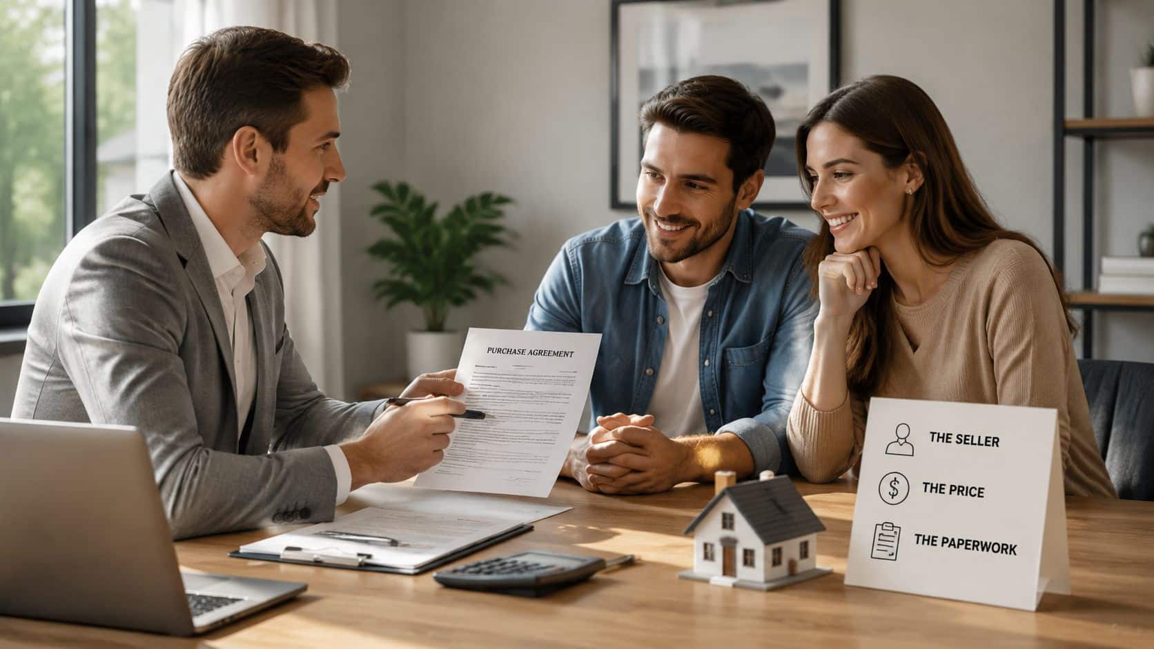 A professional real estate agent discusses a purchase agreement with a smiling couple at an office desk.