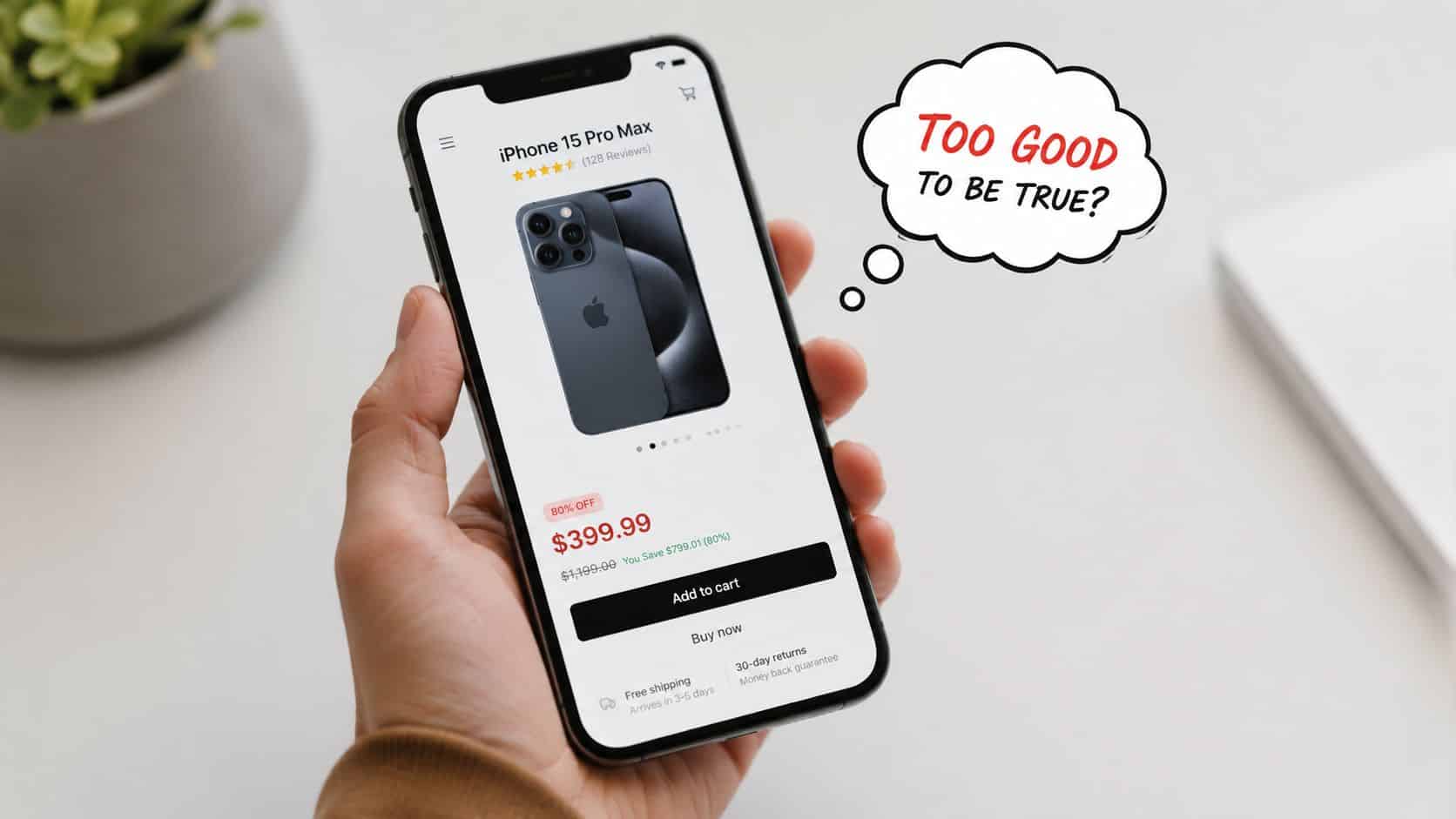 A hand holding a smartphone showing an unrealistically cheap iPhone 15 Pro Max online shopping advertisement.