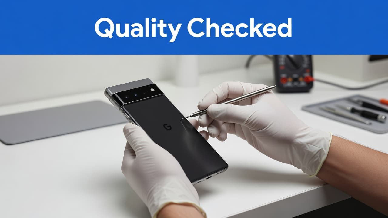 A technician holds a Pixel 6 smartphone on a white desk to verify its condition. The bright lighting highlights the screen surface, with a Quality Checked banner visible in the background.