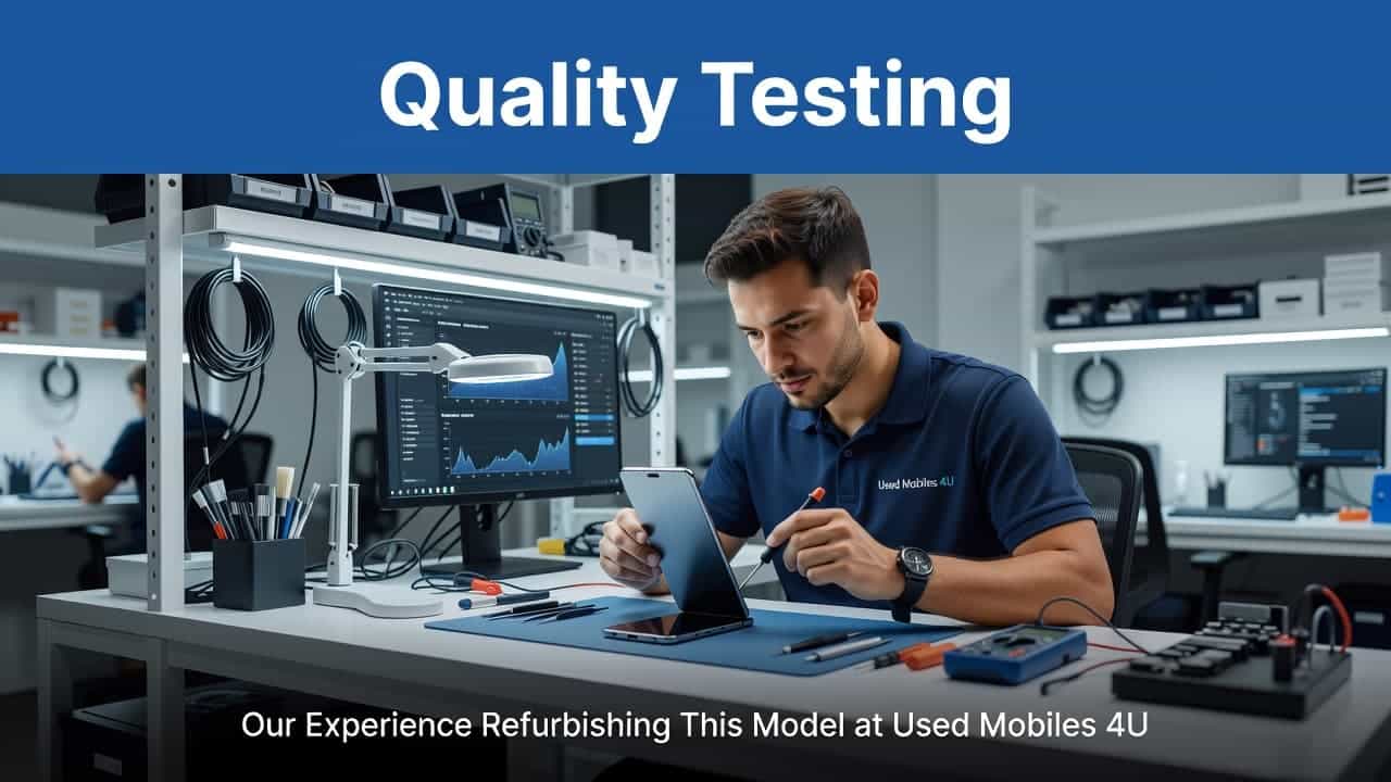 A technician examines a smartphone screen on a clean workshop bench under bright lighting. The setup features professional tools for refurbishing, emphasizing precision and quality control within a minimalist technical environment.