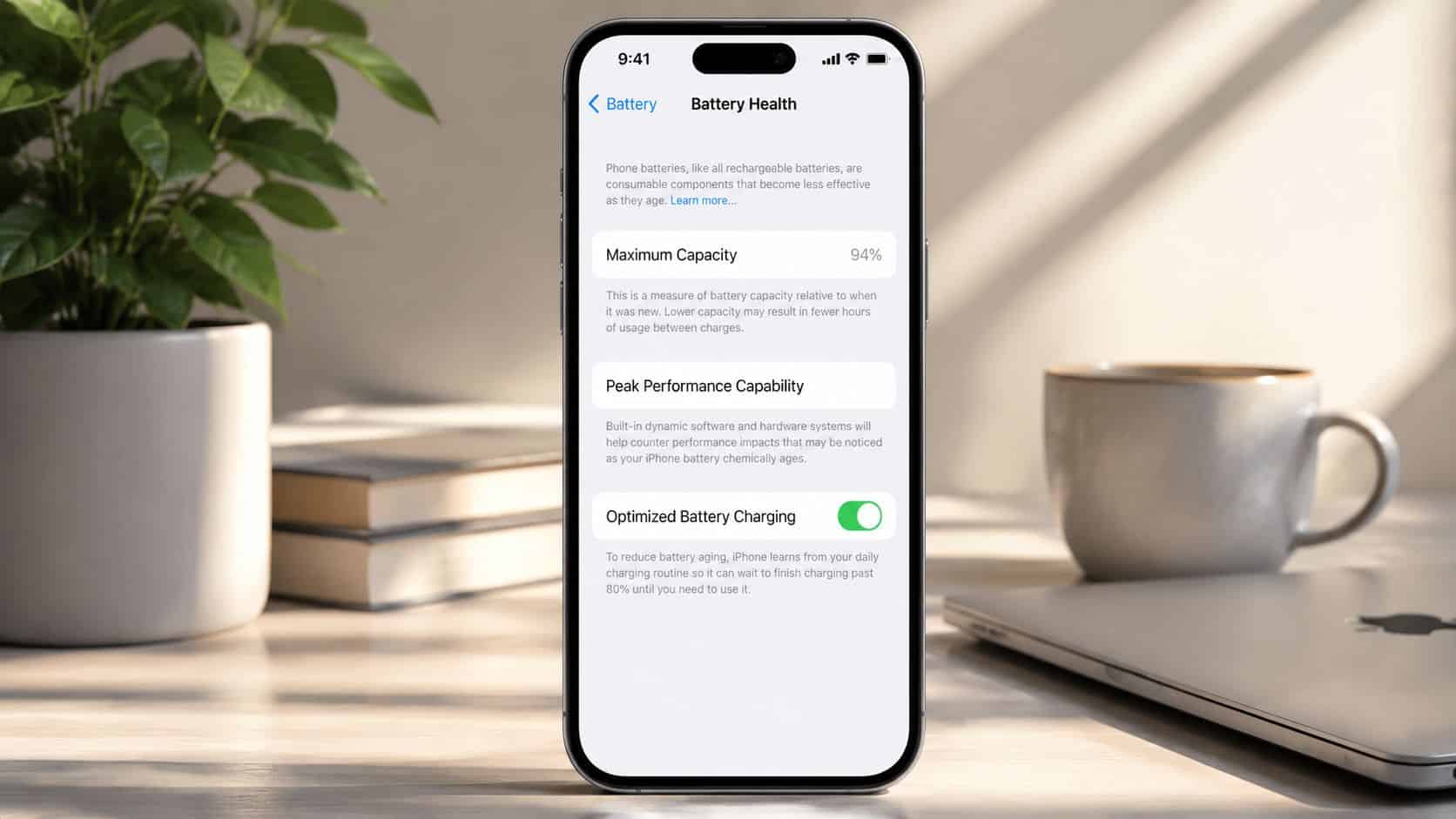A smartphone screen displaying the battery health settings page showing 94 percent maximum capacity for a refurbished iPhone.