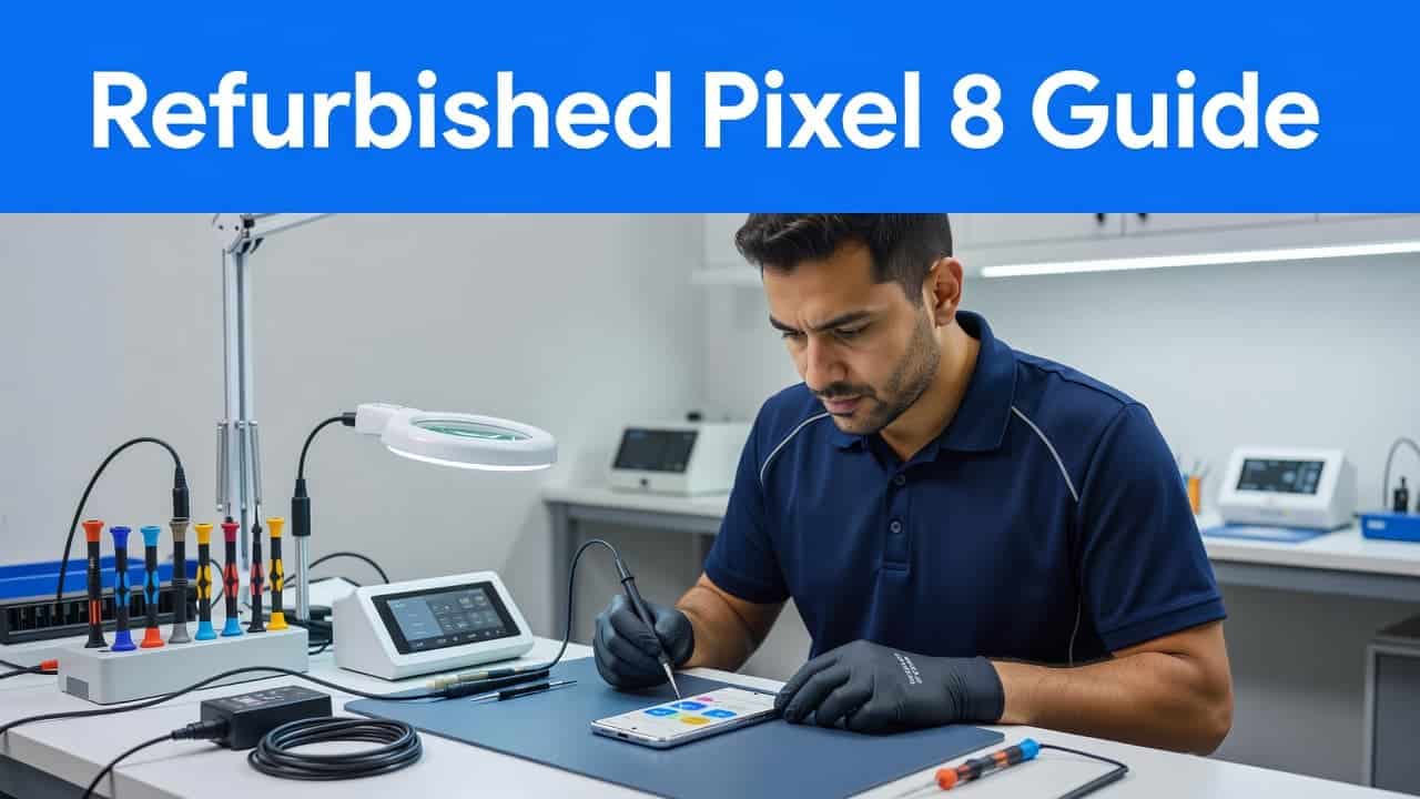 A skilled technician inspects a sleek smartphone on a professional workbench. Specialized diagnostic tools surround the device, while a bold blue headline indicates a guide for refurbished tech devices.