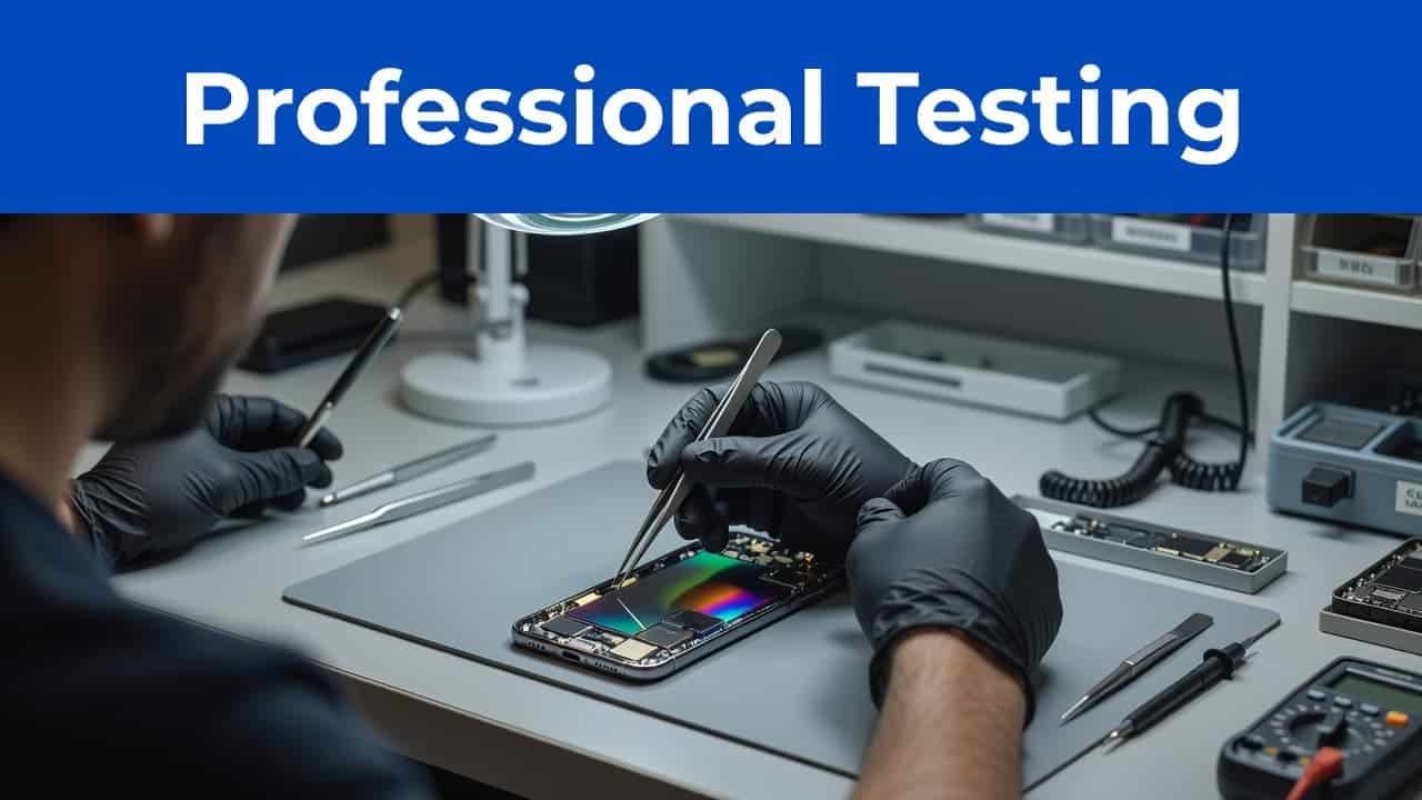 A technician wears clean gloves while carefully testing a smartphone screen on a tidy workbench. Precision metal tools lay nearby under bright studio lights, highlighting the professional refurbishment process in progress.