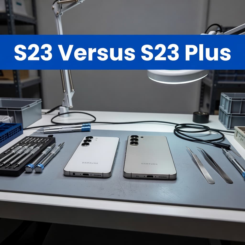 Refurbished Samsung Galaxy S23 vs S23 Plus: UK Value in 2026 1 Two refurbished Samsung Galaxy smartphones displayed side by side on a clean repair workstation.