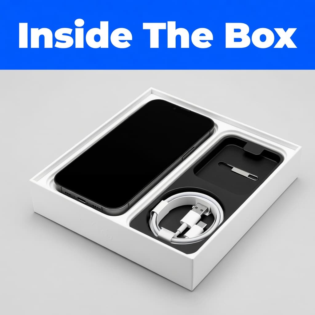 A neatly organised retail box reveals a refurbished smartphone nestled beside a coiled white charging cable and a small metal SIM removal tool. Bold blue text at the top reads Inside The Box.