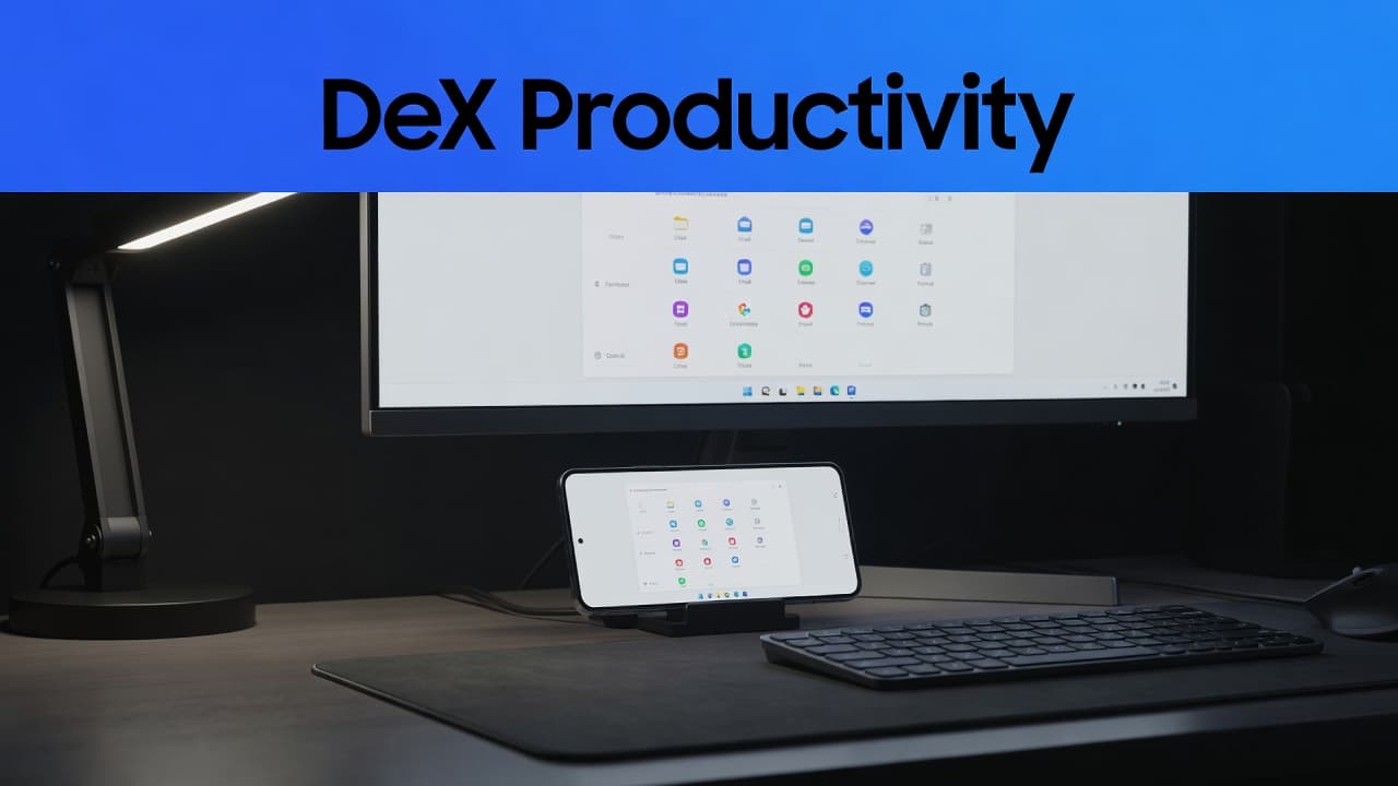 A sleek smartphone connects to a wide display showing a minimalist interface under crisp lighting. The top border features a bold blue header with the text DeX Productivity in white.