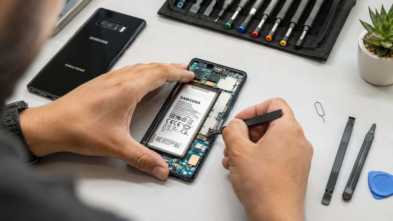 A Smartphone Samsung Note 8 in 2026? Our Expert Advice 1 A technician performing a professional repair on a disassembled Samsung Galaxy Note 8 smartphone on a table.