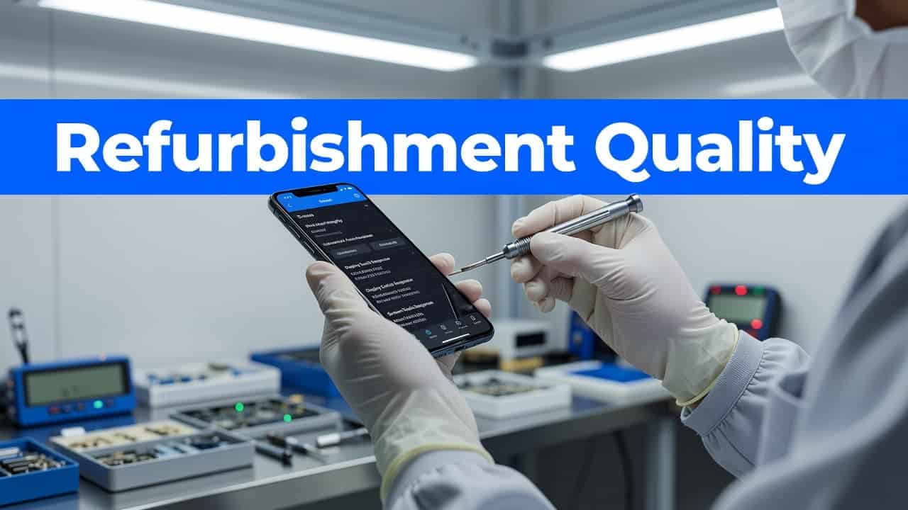 A technician uses specialized diagnostic tools to evaluate a smartphone screen and charging port inside a clean workshop. The professional focus emphasizes precision testing for high-quality device repair and certification.
