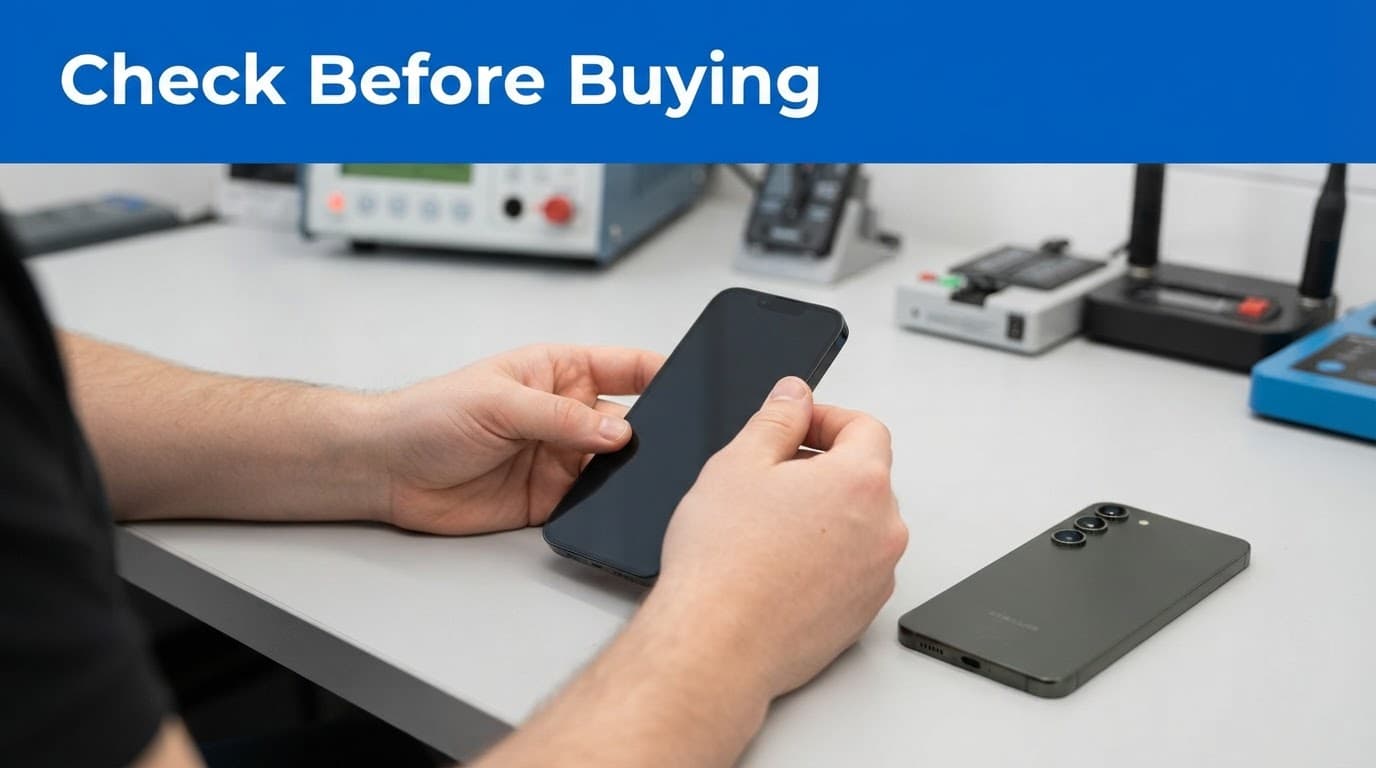 Why Choose Used Mobiles 4 U? 1 Hands inspecting a refurbished iPhone 13 beside a Samsung Galaxy S23 on a workshop bench