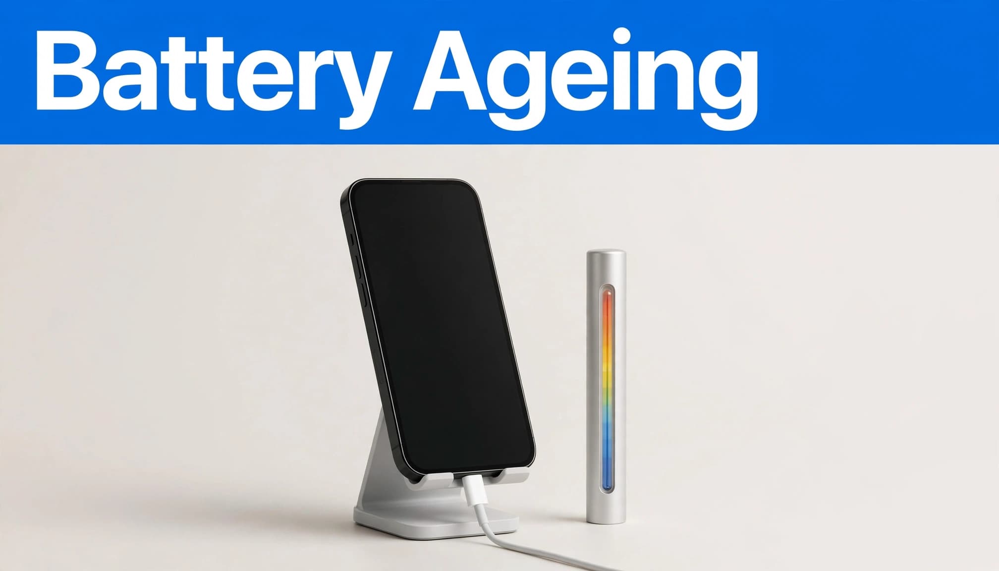 An iPhone on a charging stand sits beside a thermometer beneath a blue Battery Ageing banner.