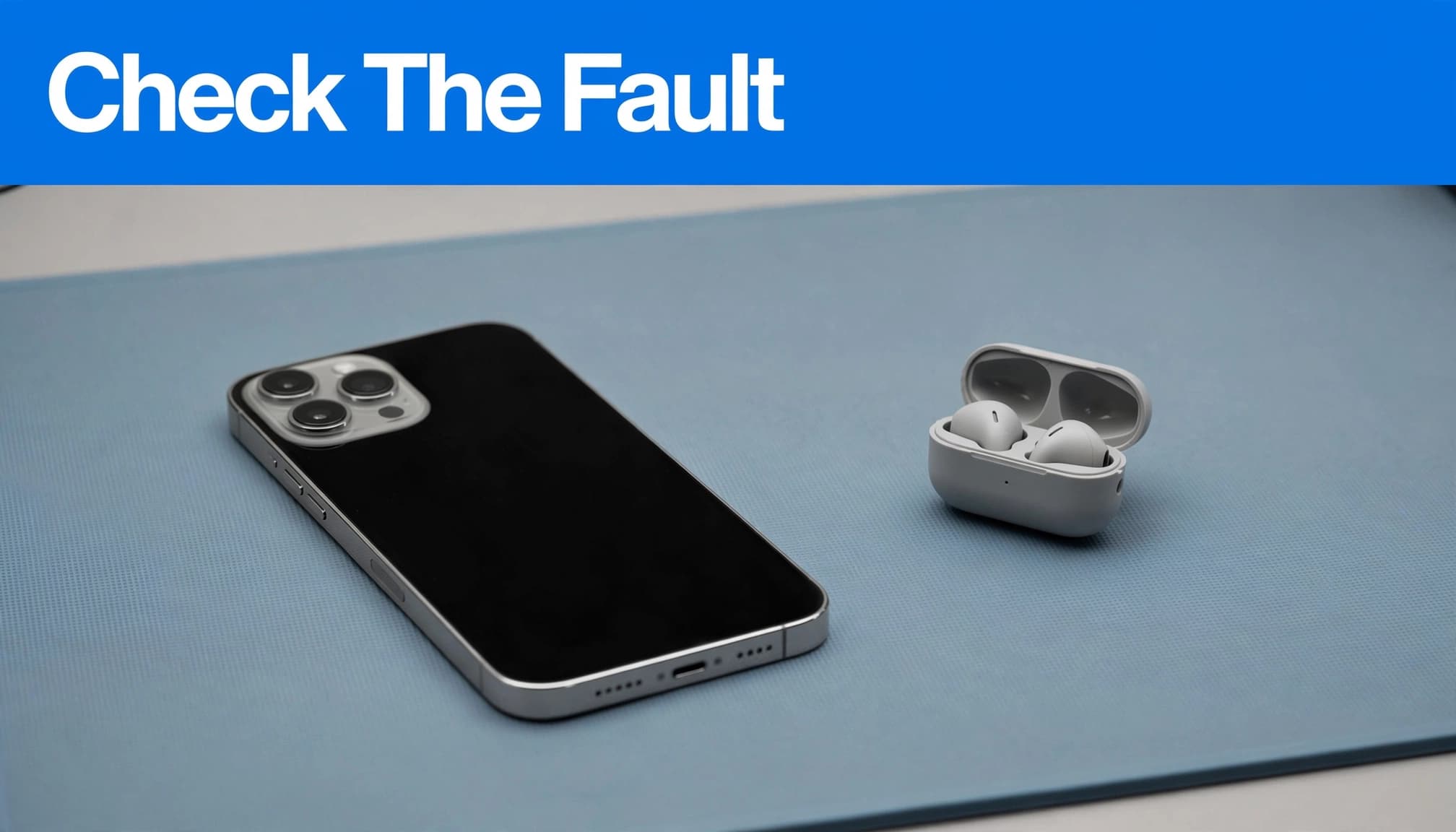 iPhone Bluetooth Problems: Fix Pairing and Dropouts 3 An iPhone and earbud case rest on a repair mat beneath a blue headline band.