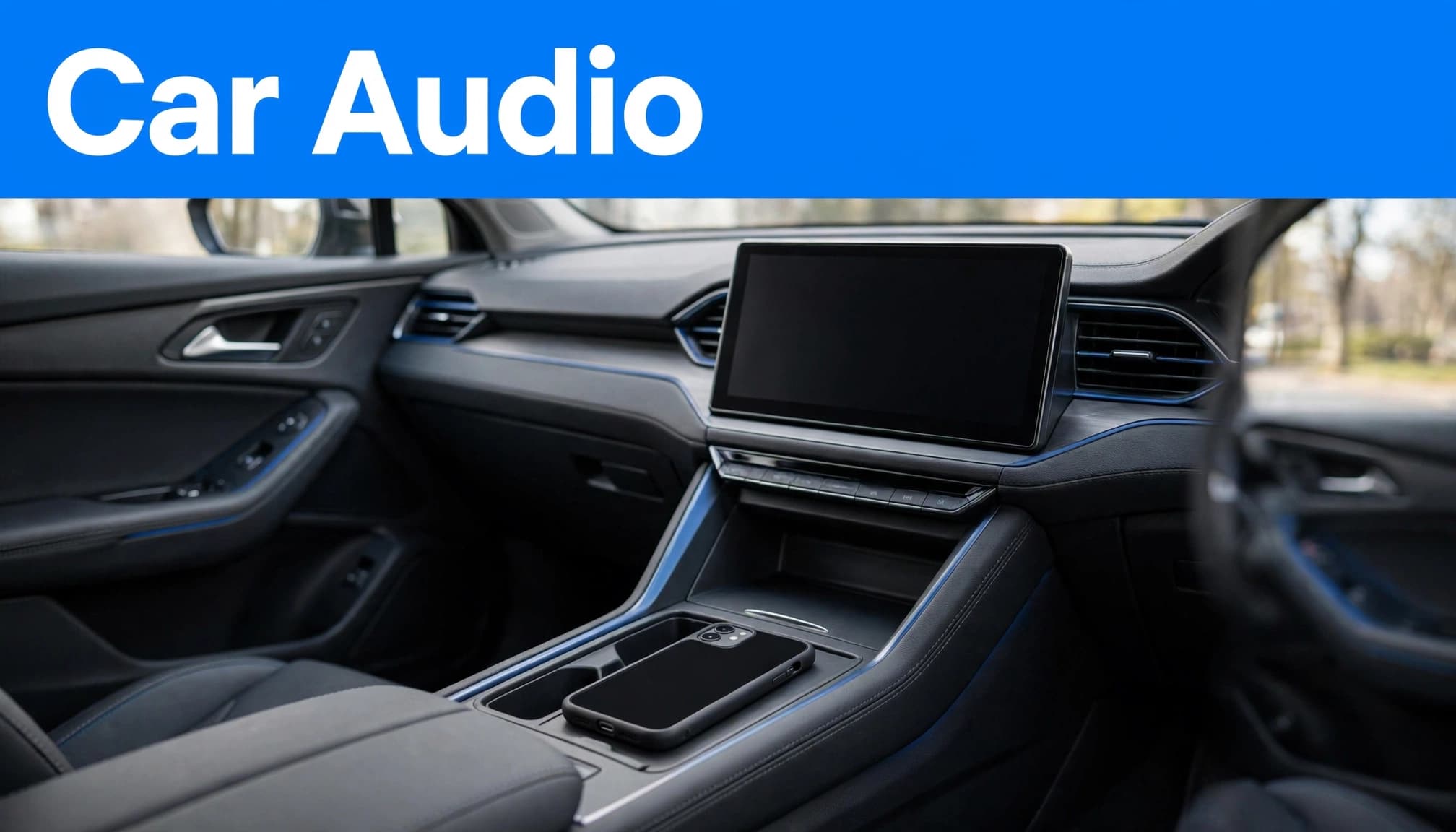 A smartphone sits below a blank car audio display, with a blue headline banner above.