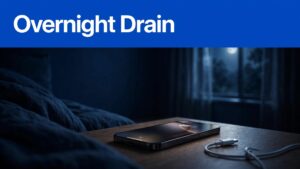 An iPhone with a nearly empty battery rests beside an unplugged cable at night.
