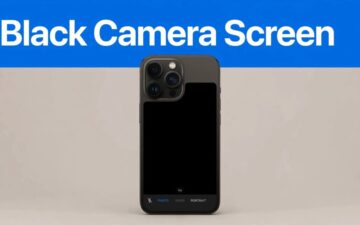 An iPhone displays a black camera preview beneath a blue headline banner.