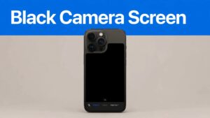 An iPhone displays a black camera preview beneath a blue headline banner.