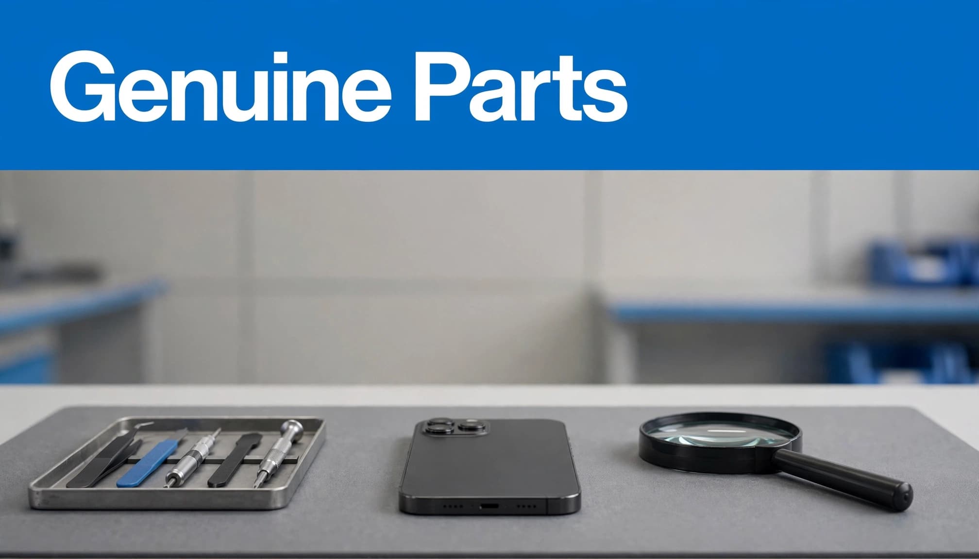 How to Check a Refurbished iPhone Has Genuine Parts 1 A single iPhone sits on a repair bench beside a magnifying glass and organized tools.