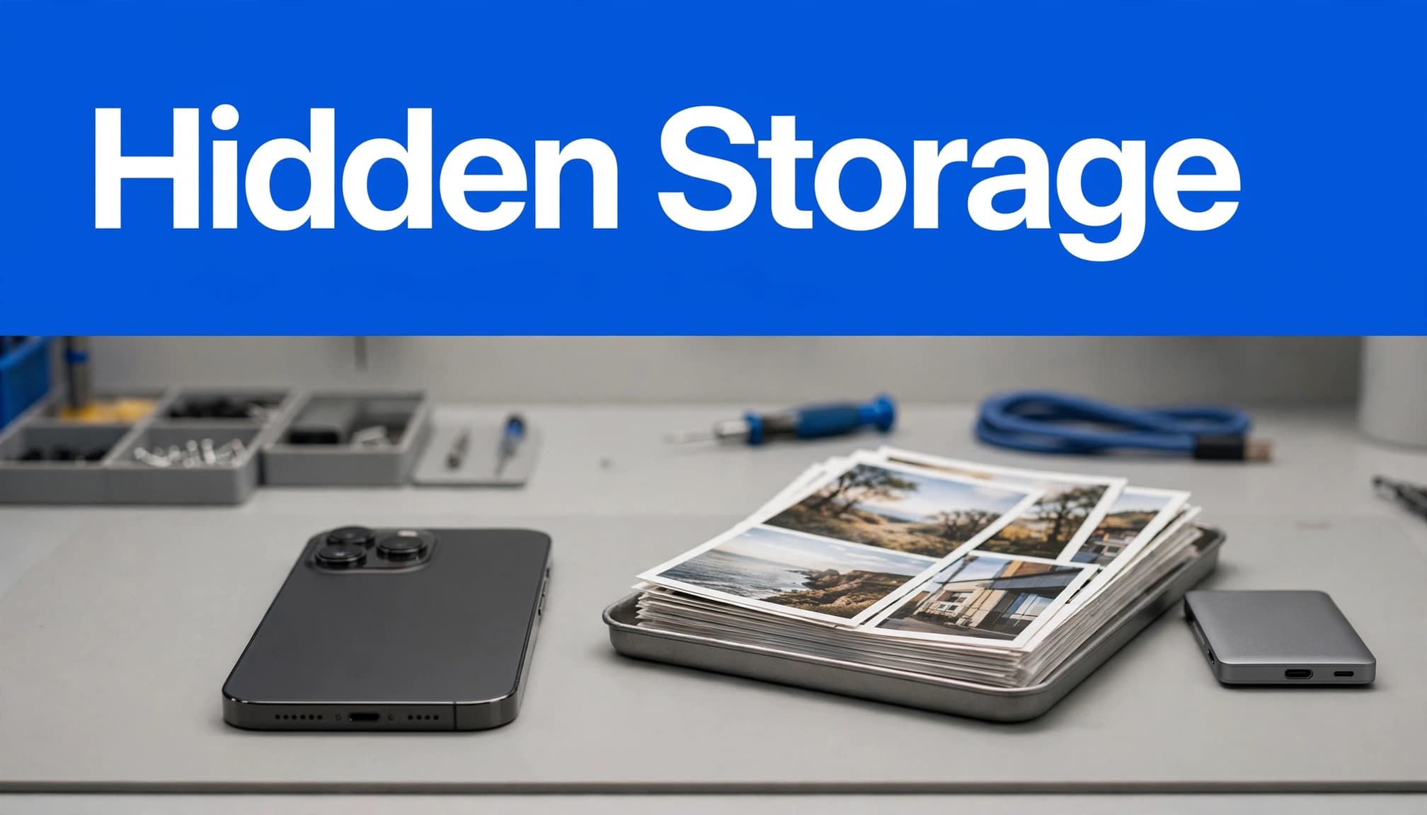 Why Is My iPhone Storage Full After Deleting Photos? 1 An iPhone beside deleted photo prints and a small storage drive on a workshop bench.