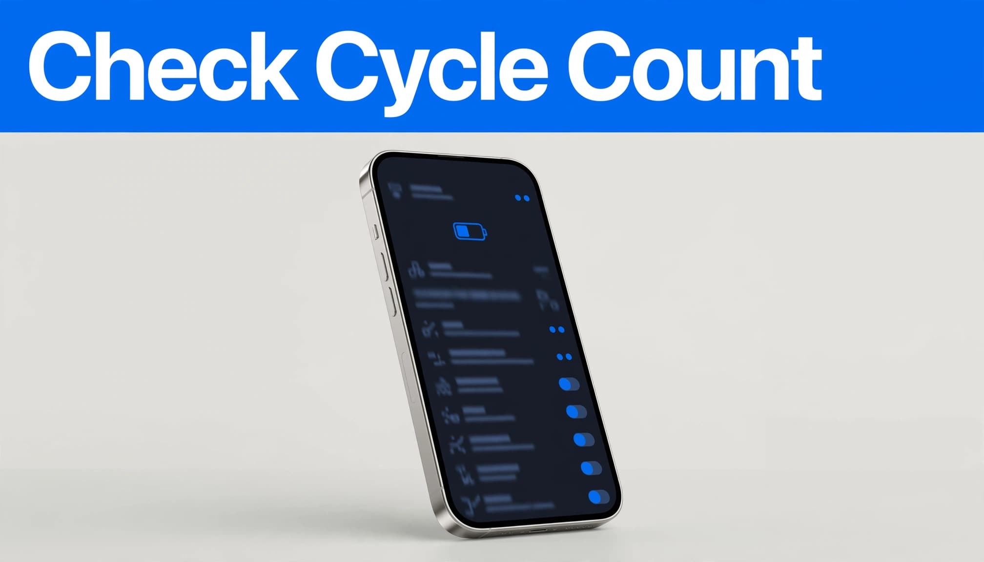 An upright iPhone beneath a blue banner with an abstract battery icon.