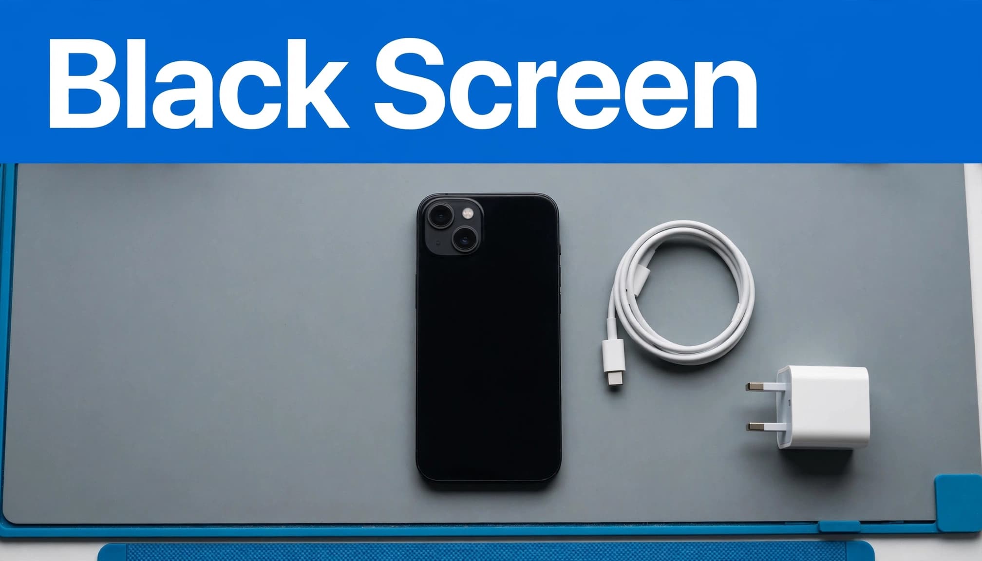 Why Your iPhone Won't Turn On After Charging 1 An iPhone with a black screen beside a charging cable and wall adapter.
