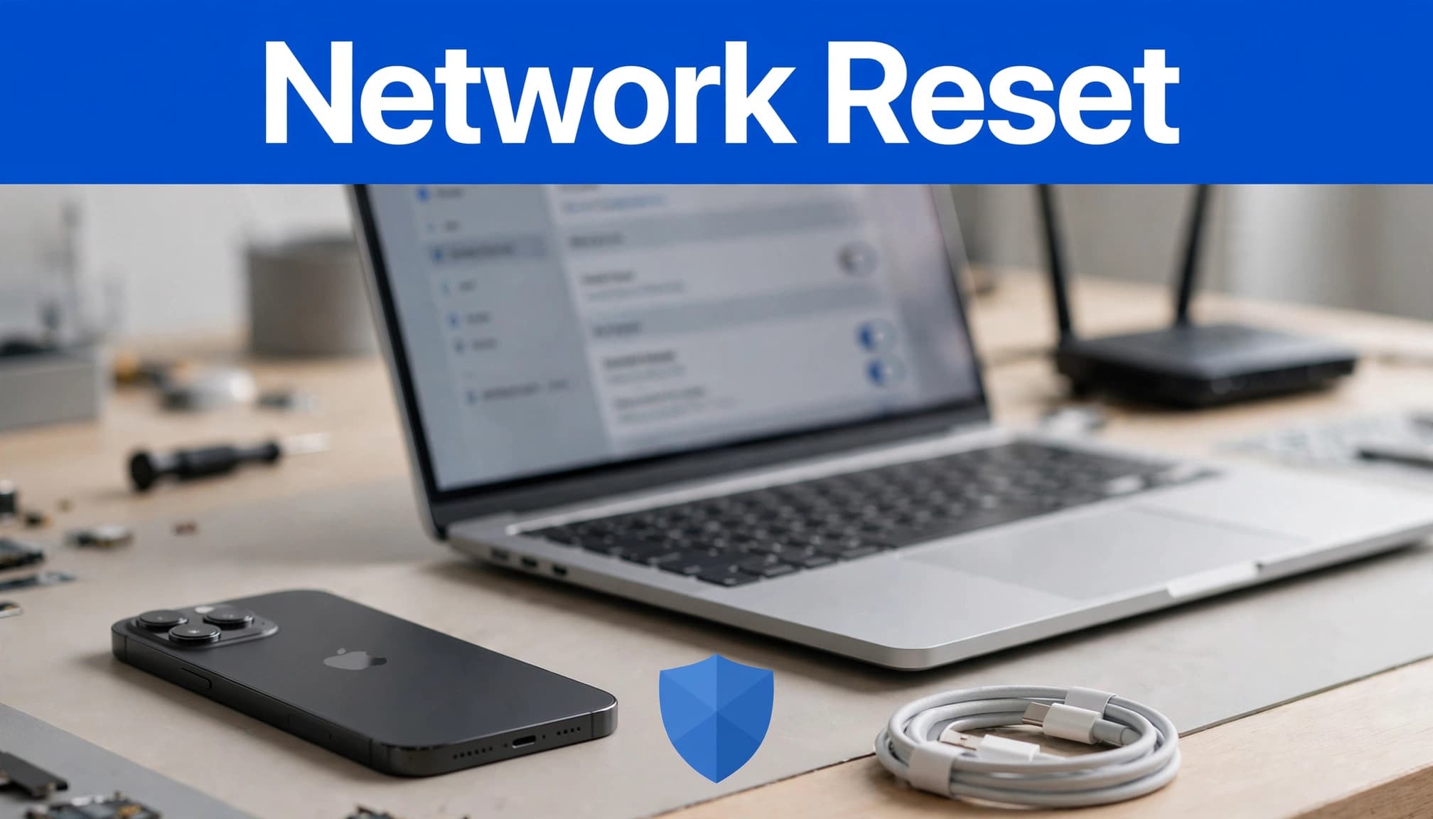 iPhone Wi-Fi Disconnecting? Fix the Dropouts Step by Step 2 An iPhone sits beside a laptop, cable, and router on a workbench.
