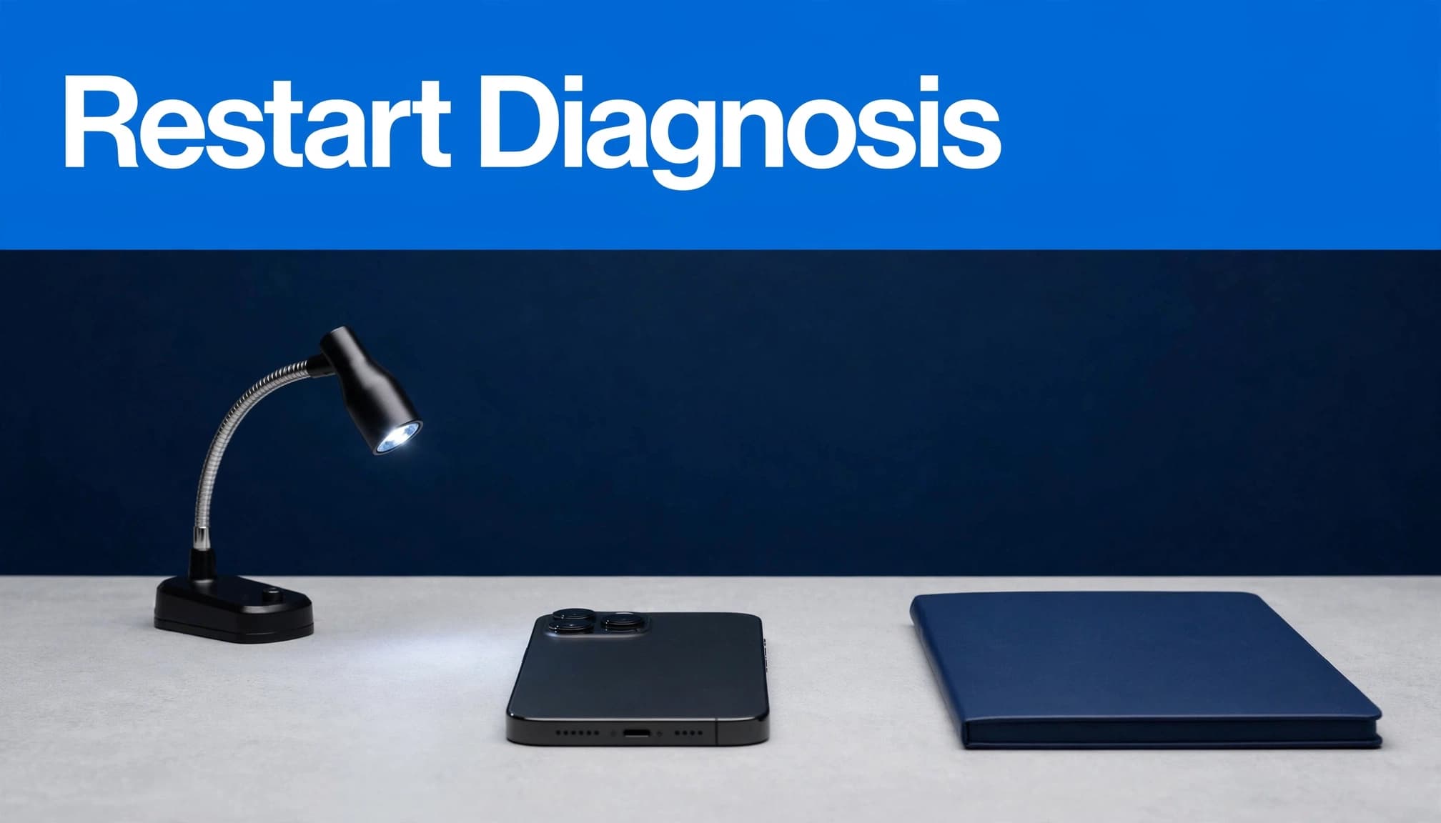 An iPhone beside a repair light and notebook under a blue Restart Diagnosis banner.