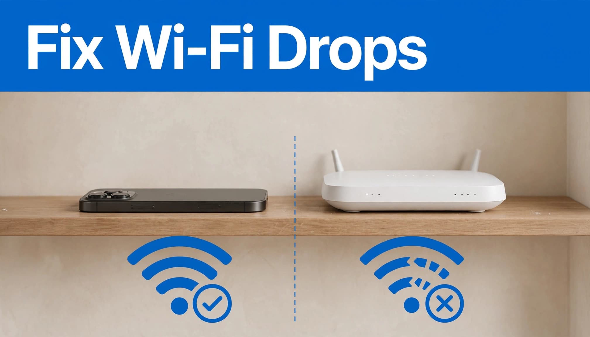 iPhone Wi-Fi Disconnecting? Fix the Dropouts Step by Step 1 An iPhone and Wi-Fi router sit beside stable and broken blue connection symbols.