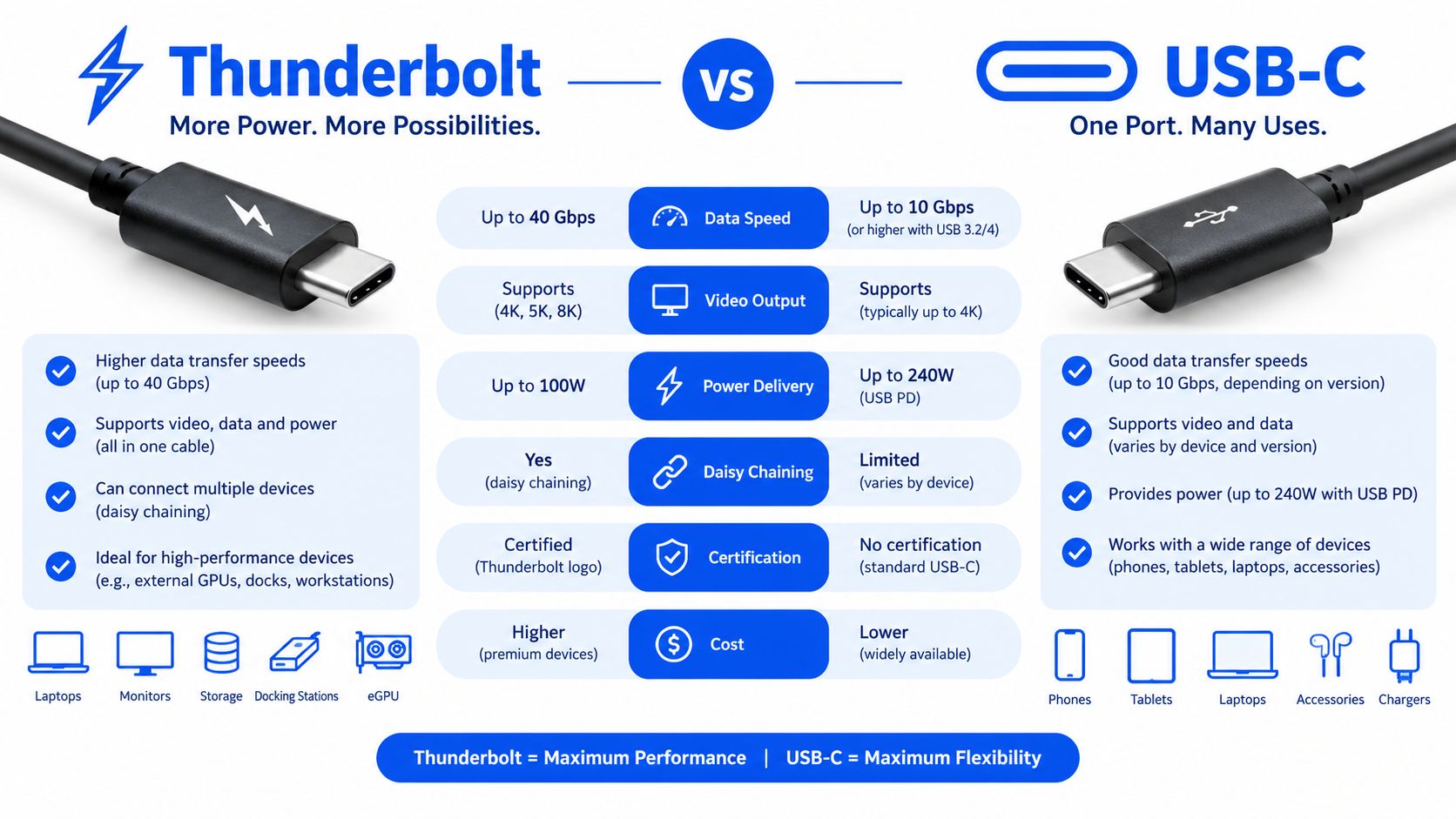 MacBook Pro Dock Guide 2026: What to Look for Before Buying 1 A comparison infographic showing the performance and feature differences between Thunderbolt and USB-C connection standards.