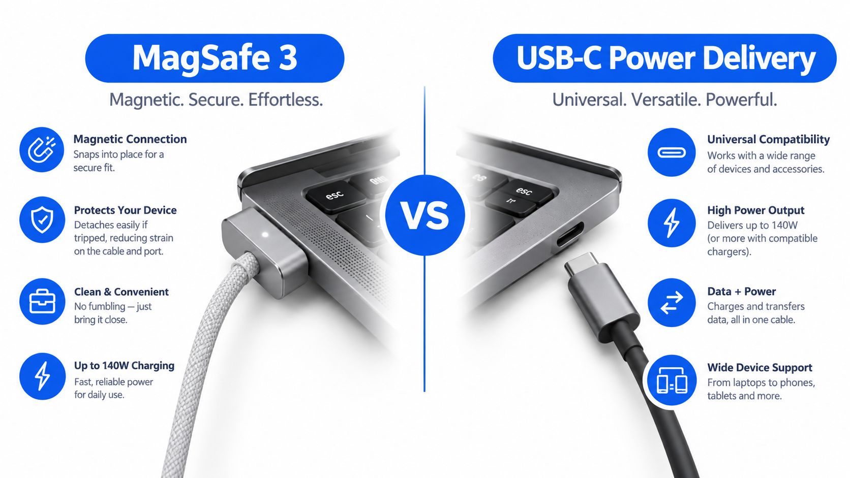MacBook Pro Laptop Charger: UK Buying Guide 2 A comparison graphic showing features of MagSafe 3 and USB-C Power Delivery charging for Apple laptops.