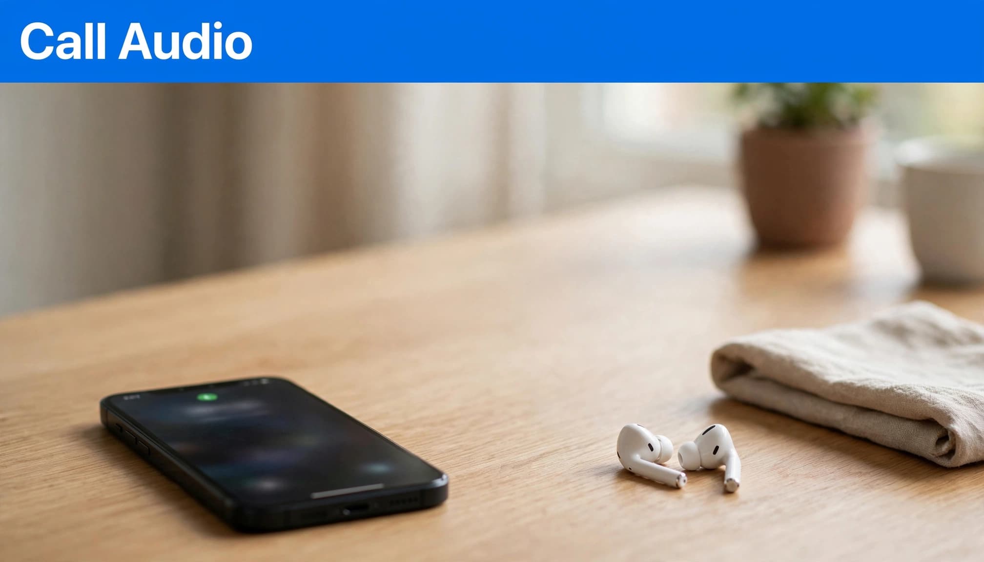 An iPhone on a side table sits apart from wireless earbuds beneath a blue Call Audio banner.