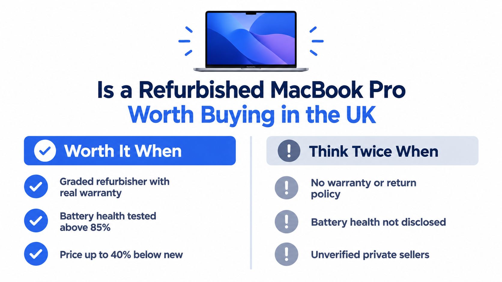 Refurbished MacBook Pro UK: A Buyer's Guide 1 An infographic showing factors to consider when deciding if a refurbished MacBook Pro is worth buying.