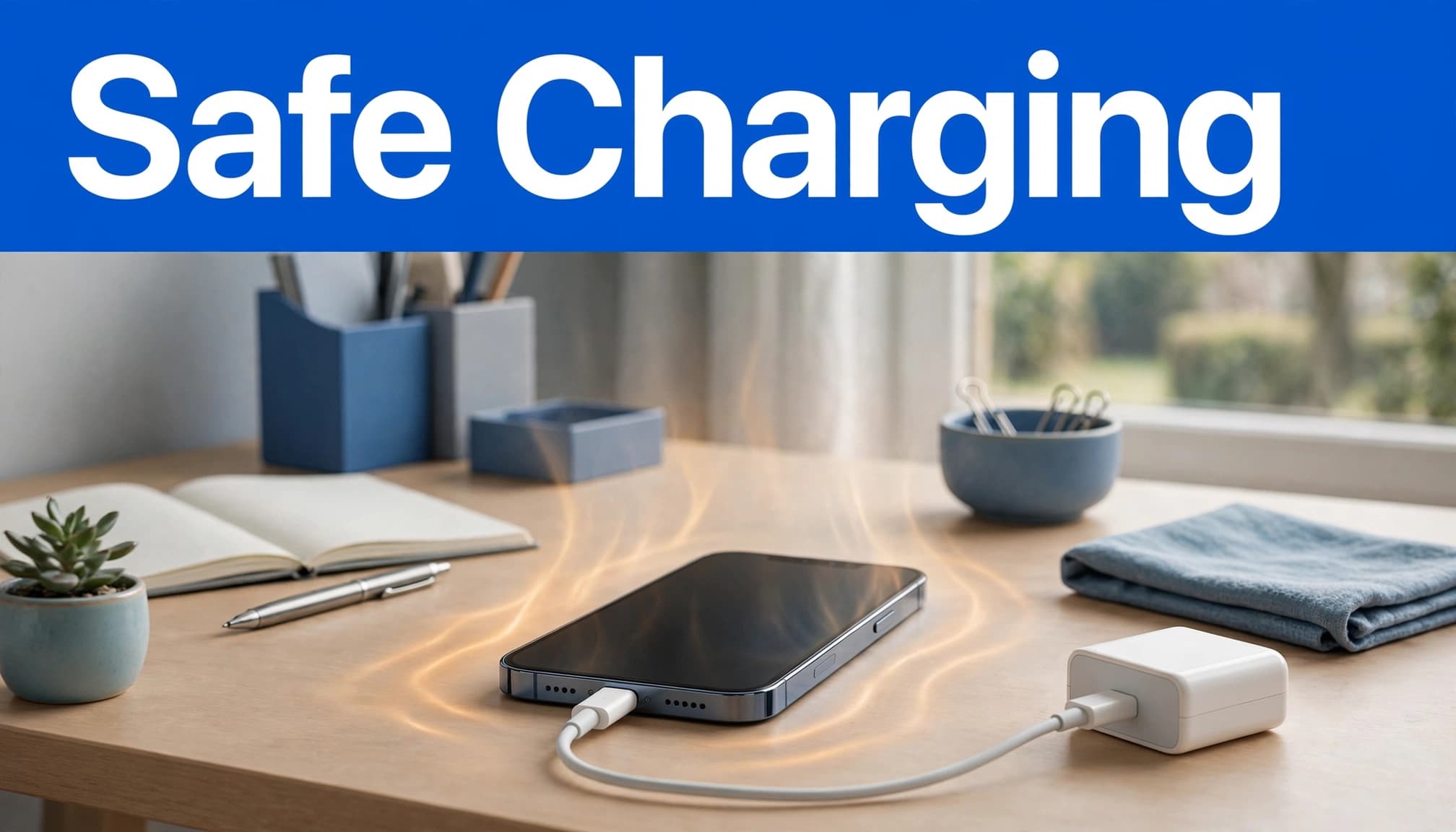 Why Your iPhone Overheats While Charging 1 One iPhone charges on a clear desk with a cable and soft heat haze.