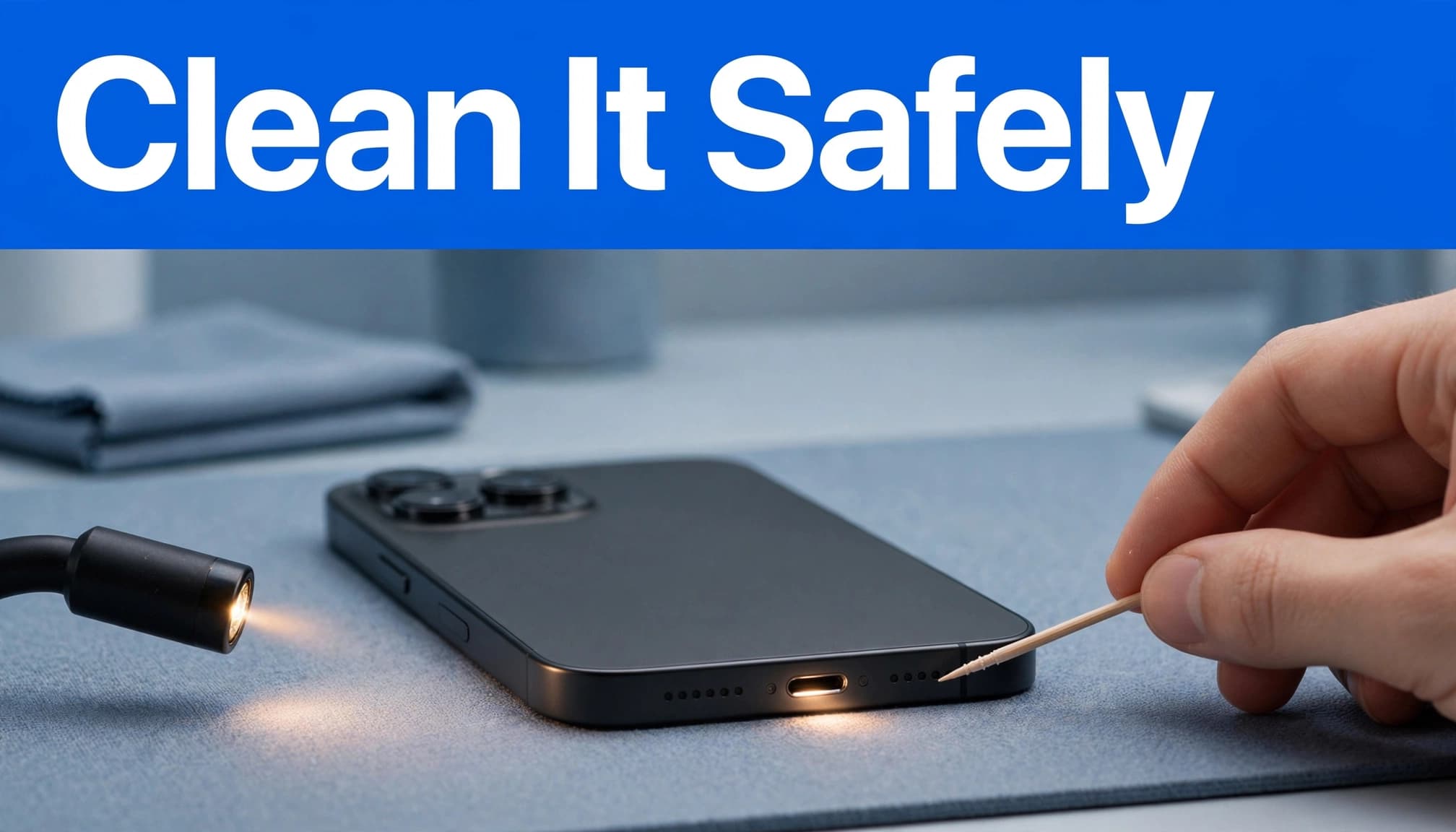 How to Clean an iPhone Charging Port Without Damage 1 A technician uses a hand tool to inspect an iPhone socket.