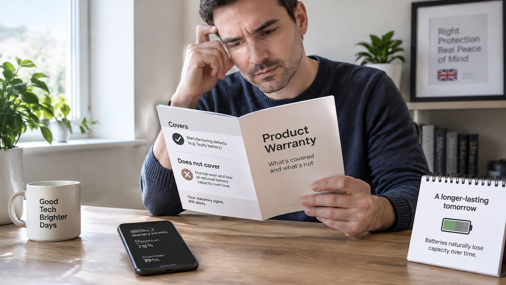 Are Batteries Covered Under Warranty? UK Guide 4 A man looking thoughtfully at a product warranty document concerning battery coverage at his desk.
