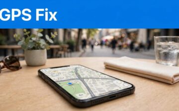 An iPhone on a café table shows a map with a misplaced blue location dot.