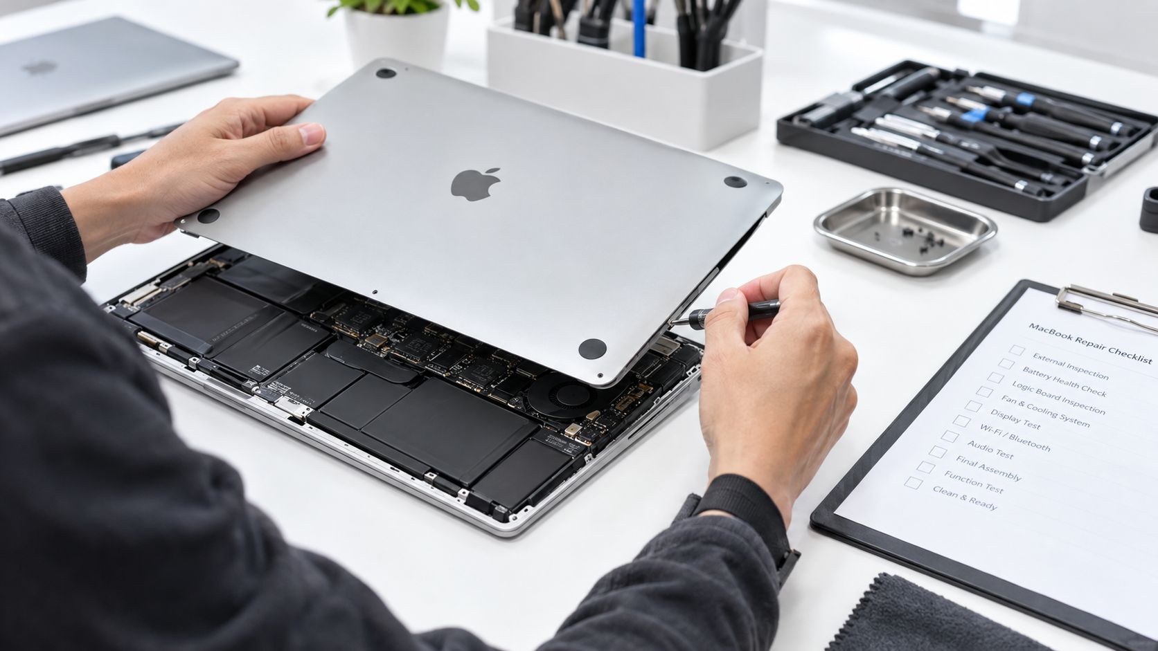 How Long Do MacBooks Last: A Realistic UK Guide 4 A technician performing a professional repair on the internal components of an open MacBook laptop computer.