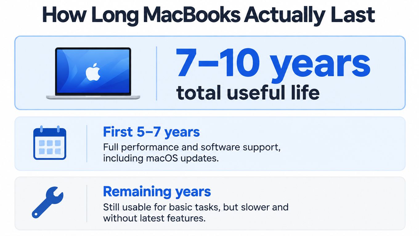 How Long Do MacBooks Last: A Realistic UK Guide 1 An infographic showing that MacBooks have a total useful life of seven to ten years total.