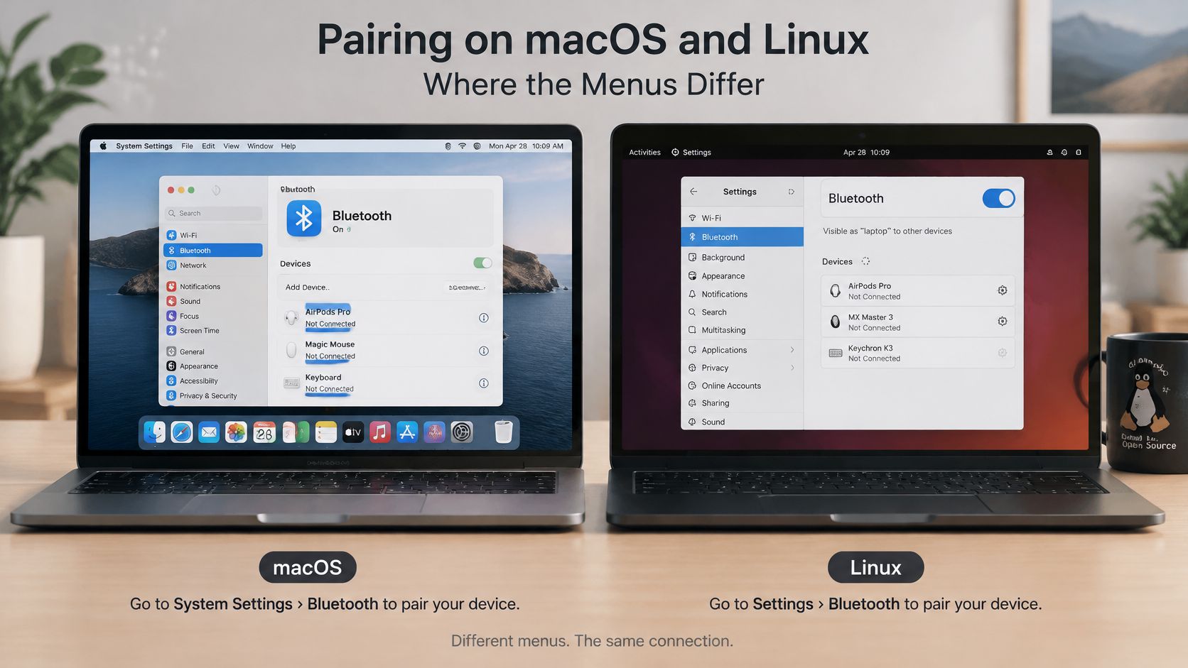 How to Connect Bluetooth Headphones to Laptop in 2026 2 A side-by-side comparison showing Bluetooth connection settings on a macOS laptop and a Linux laptop desktop.