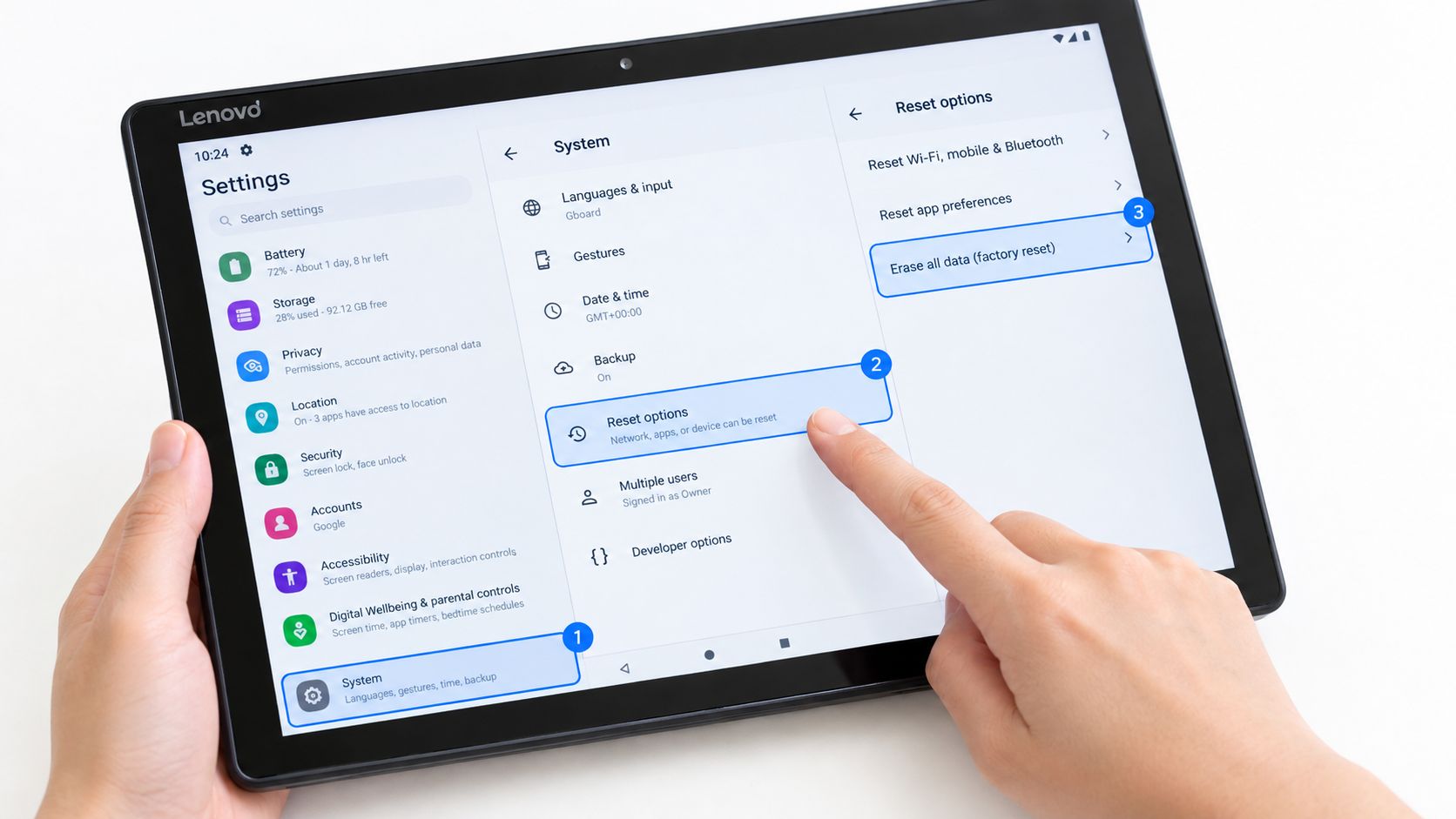 How to Reset Lenovo Tablet Safely in the UK 39 A person selecting the reset options menu on a Lenovo tablet settings screen to factory reset device.