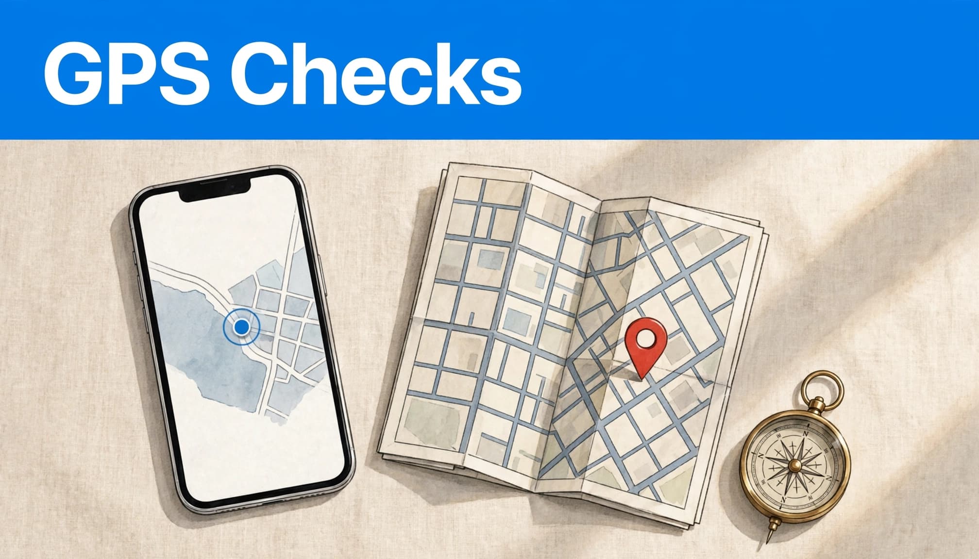 Why Is My iPhone GPS Location Inaccurate? 13 An illustration with a blue banner reading 'GPS Checks' above an iPhone, a folded map, and a compass.