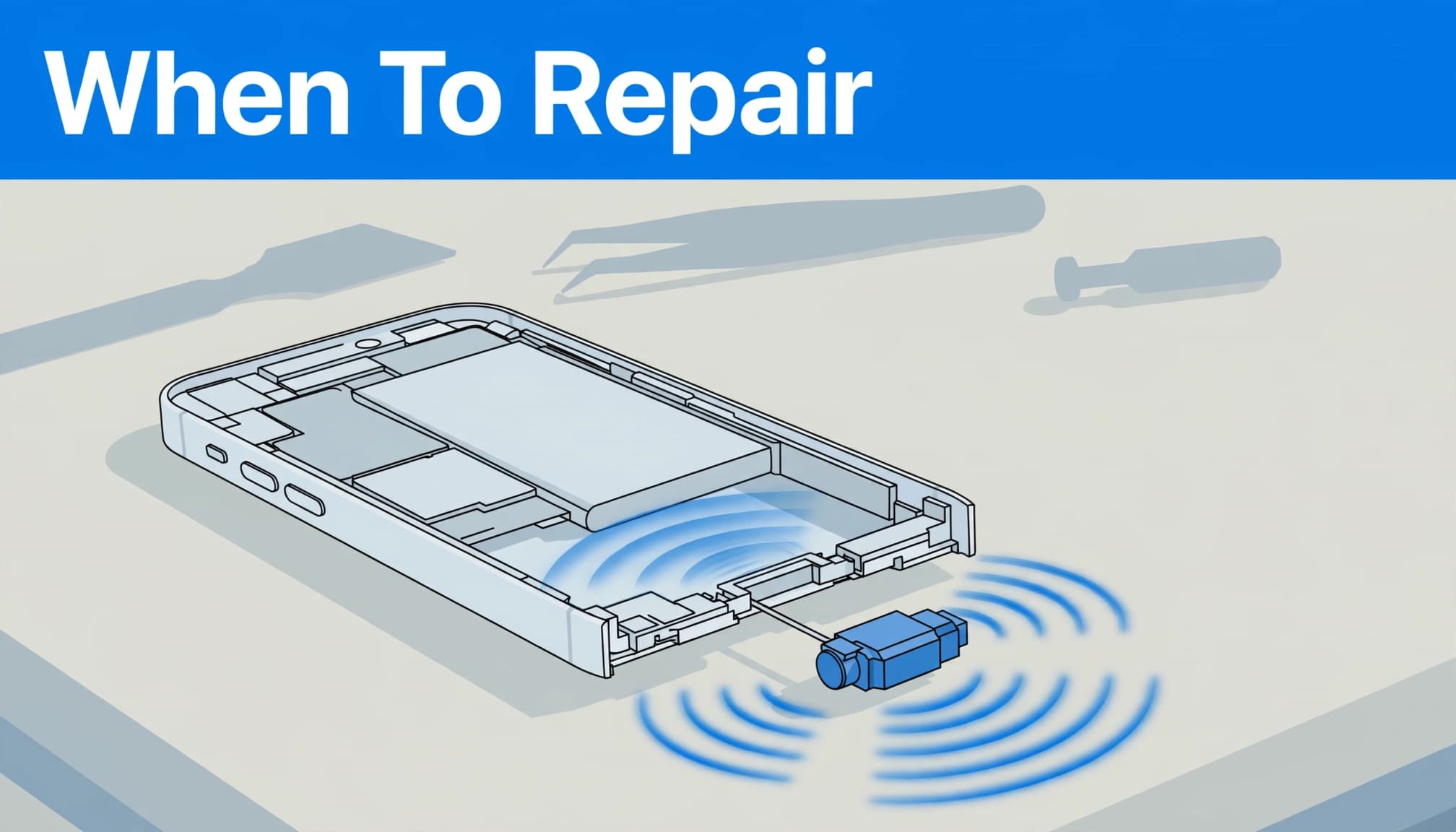 Why Is My iPhone Not Vibrating for Calls or Alerts? 69 Illustration of a phone cutaway with a haptic motor and the headline When To Repair.